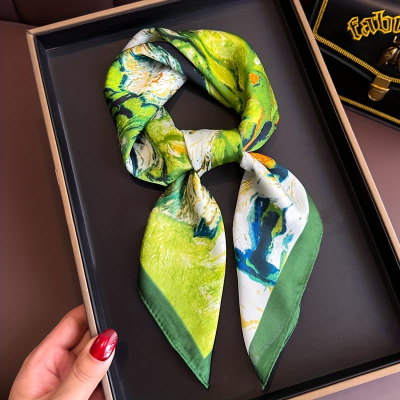 TEMU Oil Painting Floral Pattern Square Scarf, Satin Material, Multifunctional Use Headscarf Shawl, Suitable For Festive Travel And Birthday Parties, Fashionable Item