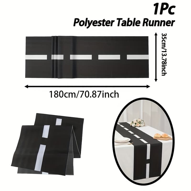 TEMU 1pc,racing White Stripe Track Table Runner,180*35cm,black White Polyester Table Flag,racing Theme Party Decoration,happy Birthday Party Supplies,baby Shower Party Decoration,table Decoration