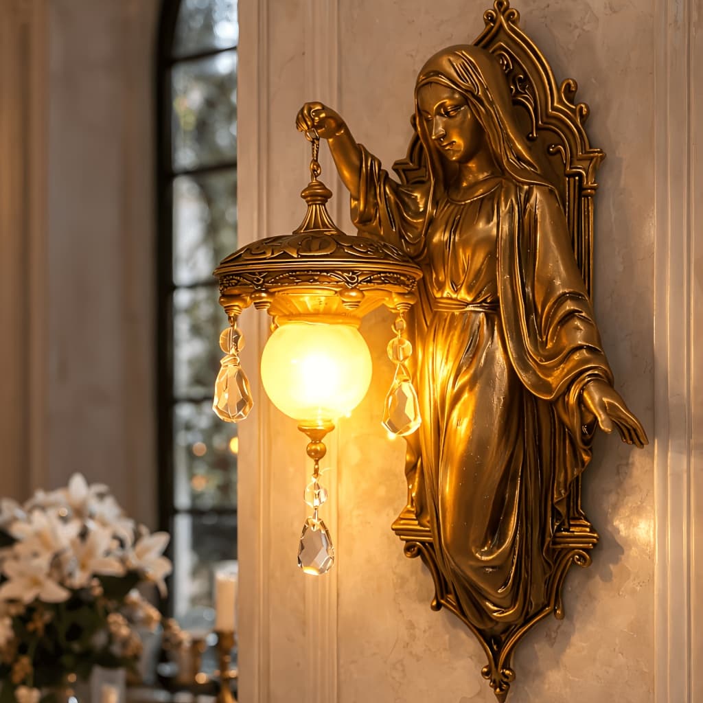 TEMU 1pc Victorian Mary Statue + Lantern Wall Lamp Set, Resin Battery Operated Cordless Vintage Sconce, Decor For Bedroom/living Room/garden, Ideal Gift For Women