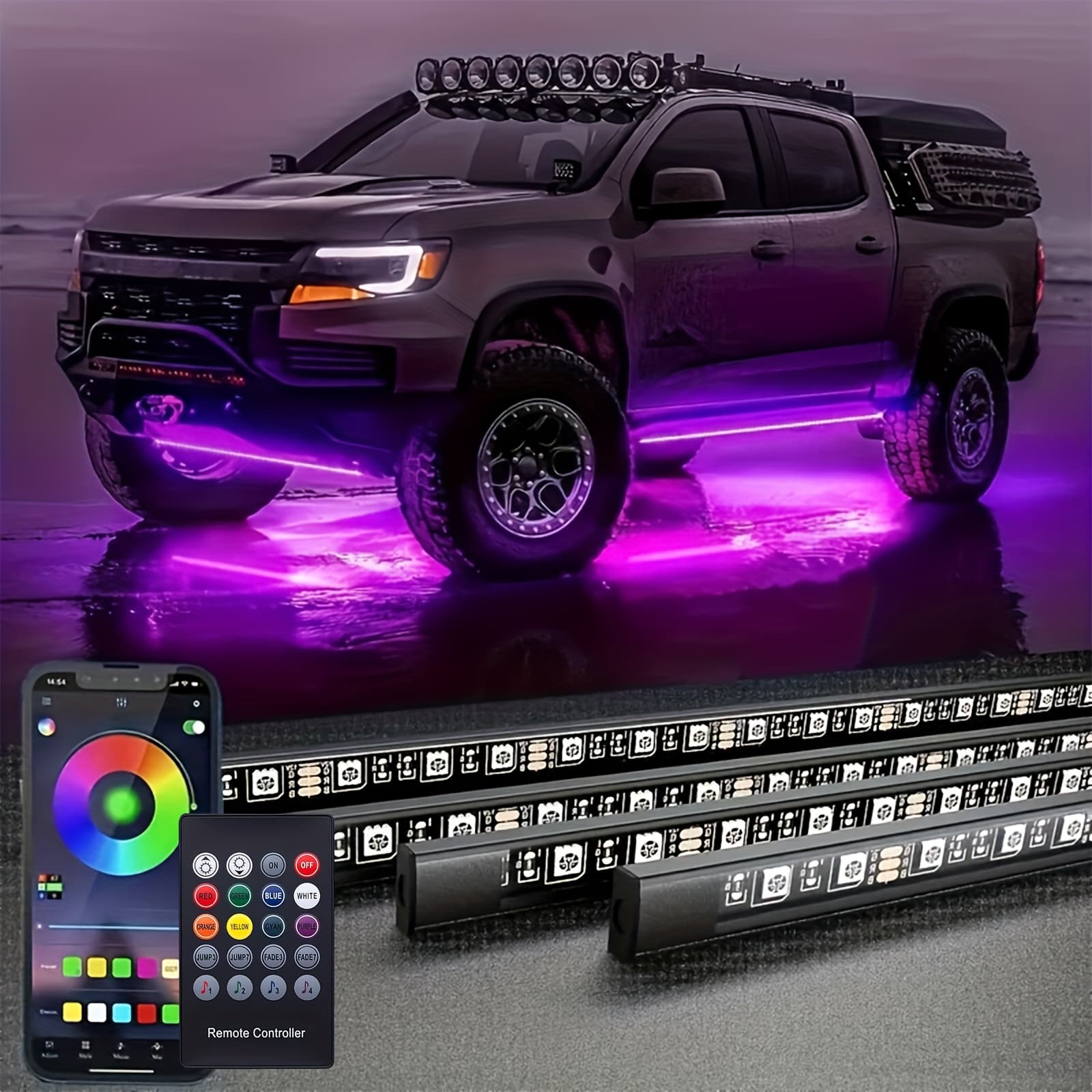 TEMU 4 In 1 Car Undercarriage Led Neon Light Kit, Exterior Car Led Light Strip With App Application And Rf Remote Control, 16 Million Colors, Control , Holiday Gift Car Additions, Without Battery
