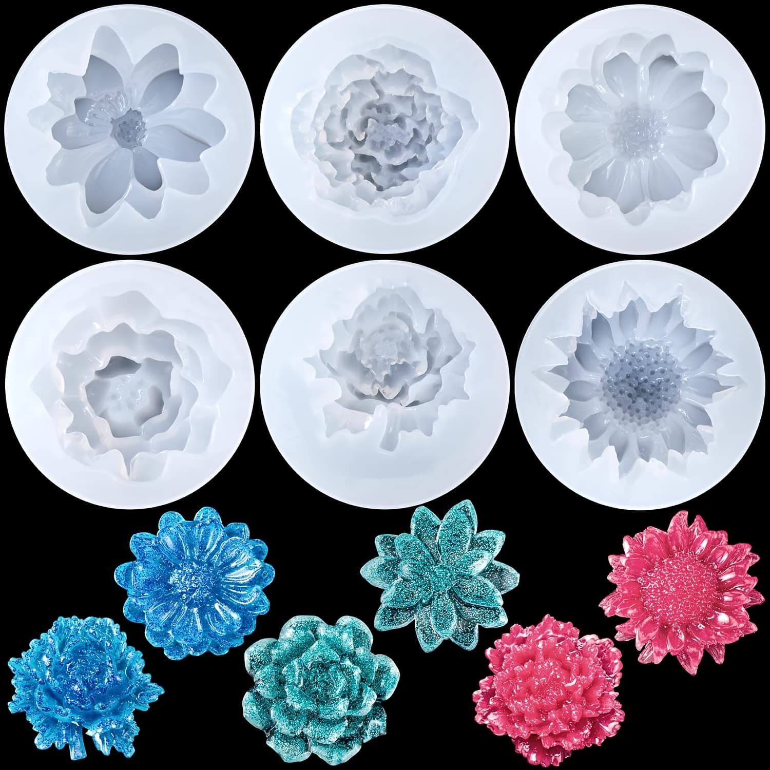 TEMU 6pcs Mini Resin Mold Silicone 3d Flower Crystal Casting Molds, For Earring, Jewelry Pendants Making Tool Clay Mold