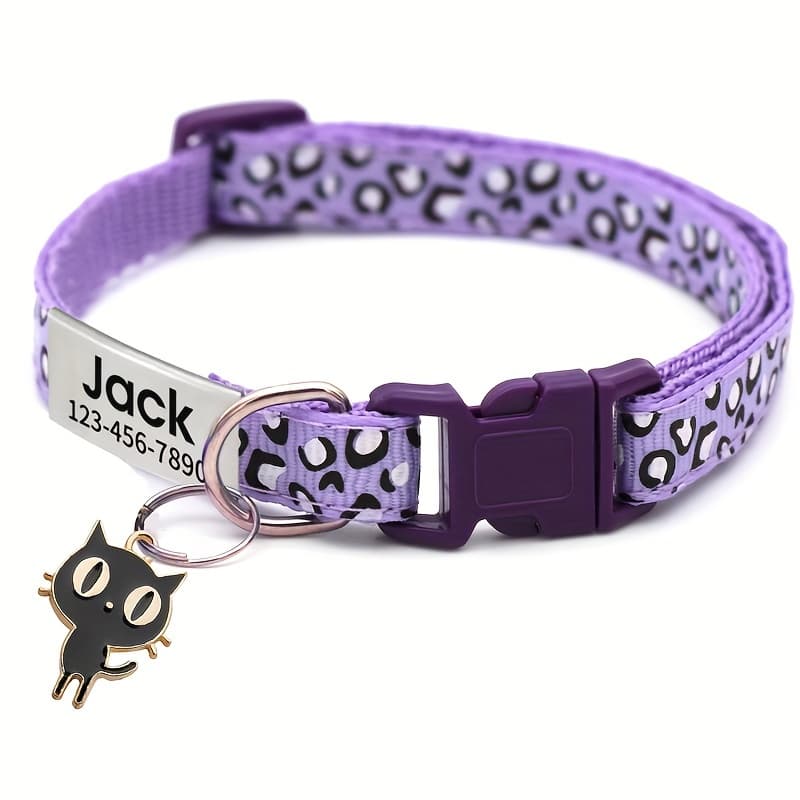 TEMU Personalized Collar With Custom Engraved Name & Black Cat Pendant - Leopard Print & Colorful Patterns, Durable Polyester Pet Id Tag - Perfect Gift For Kittens, Puppies