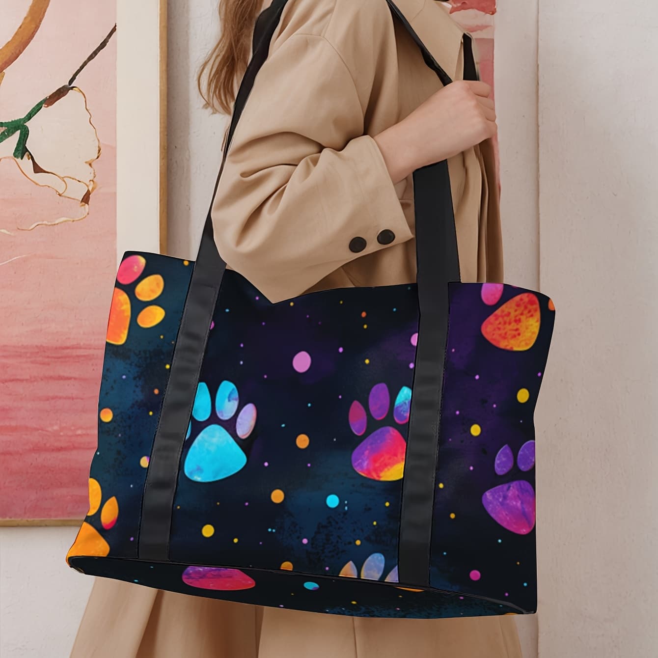 TEMU 1pc, Colorful Paw Print Pattern Printed Large Capacity Travel Luggage Bag, Sports And Fitness Handbag, Weekend Overnight Bag And Luggage Organizer