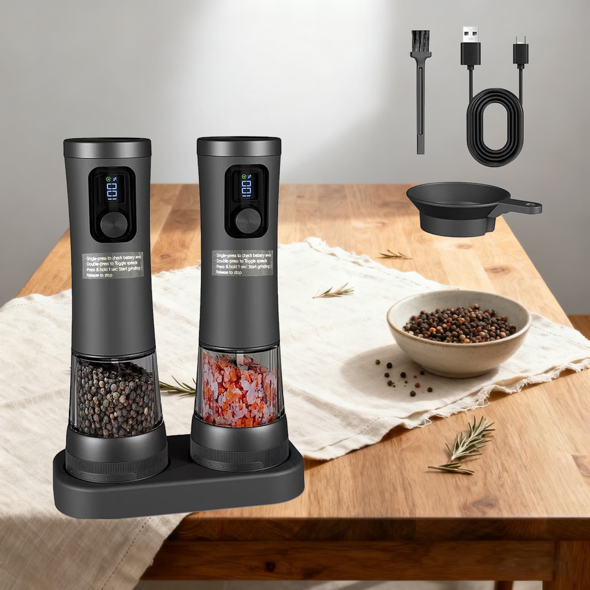 TEMU Electric Salt And Pepper Grinder Set With - Grinding System, & 5-tier Adjustable Coarseness - Ceramic Core Mill & Rechargeable Base, Modern Kitchen Salt And Pepper Shakers, Ideal Mom Gift (
