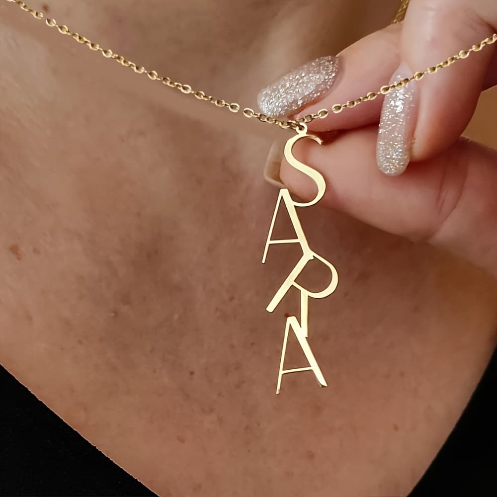 TEMU Personalized 201 201 Stainless Steel Name Necklace - Custom Vertical Letters, Easy And Elegant Design, Durable And Fade-resistant Women's Jewelry, Party Gift, Versatile For All , Luxurious