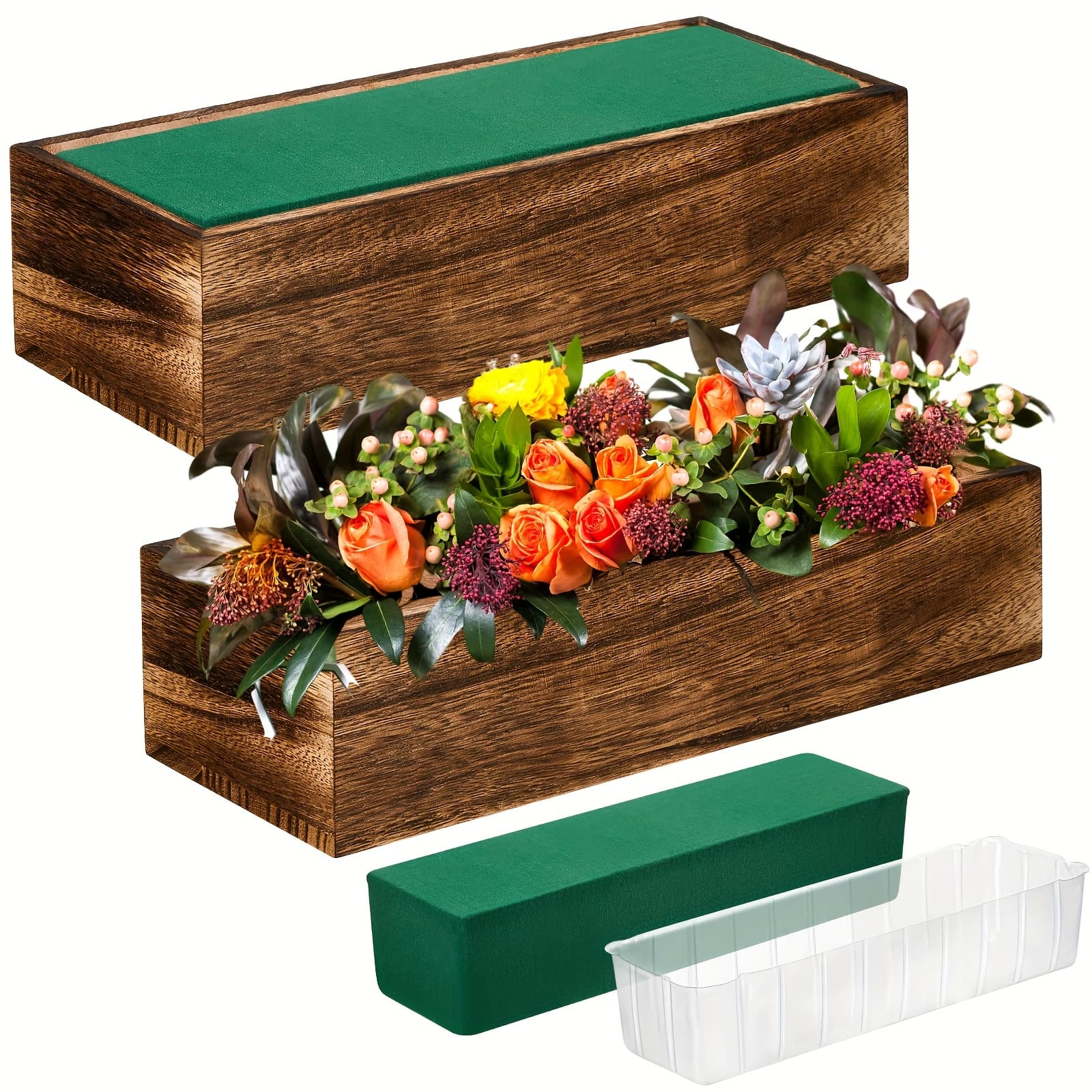TEMU 4 Set Wooden Boxes For Centerpieces Rectangle Wooden Planter Box Rustic Wood Planter With Removable Plastic Liner Floral Foam Blocks For Centerpieces Home Wedding Garden Decor