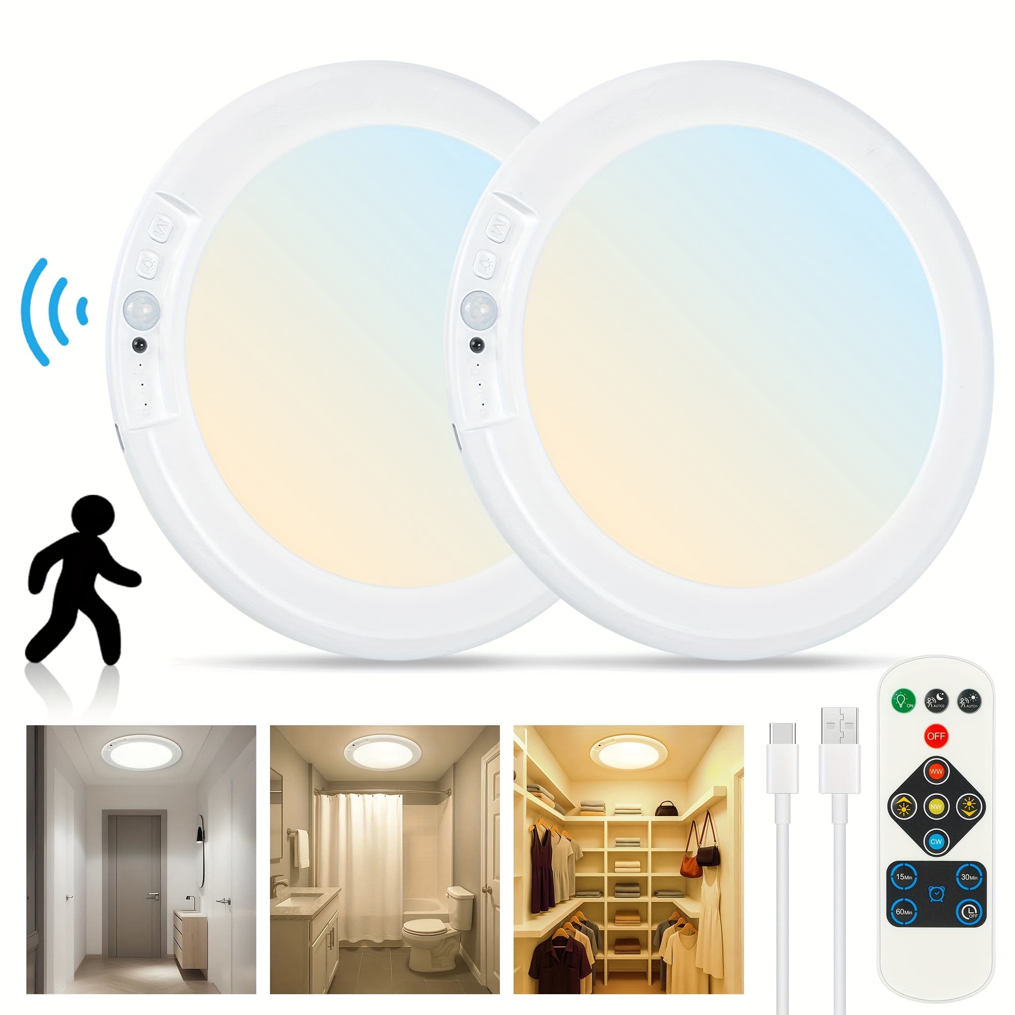 TEMU 2pcs Rechargeable Ceiling Light, No Wiring Battery Operated Ceiling Light With Remote , Motion Sensor Dimmable Timing Motion Activated Overhead Shower Light For Bathroom Pantry Hallway Porch