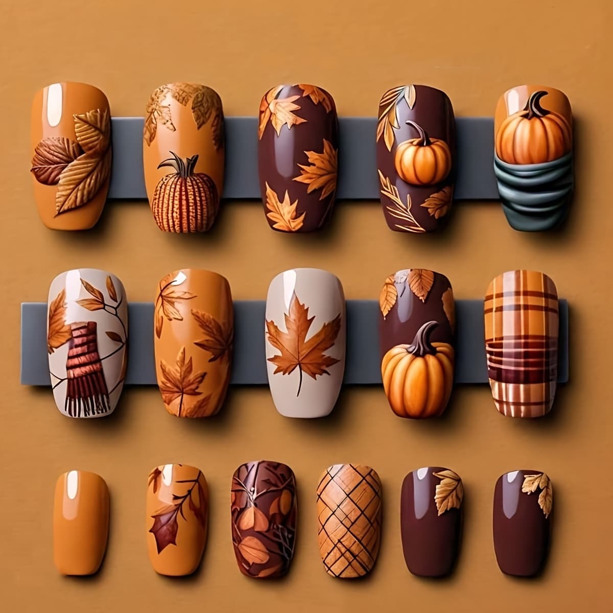 TEMU 24pcs Of Medium Square Press-on Nail Tips With Autumn- Like And Pumpkin Scarves, Suitable For Everyday Wear, Comes With Jelly Glue And A File