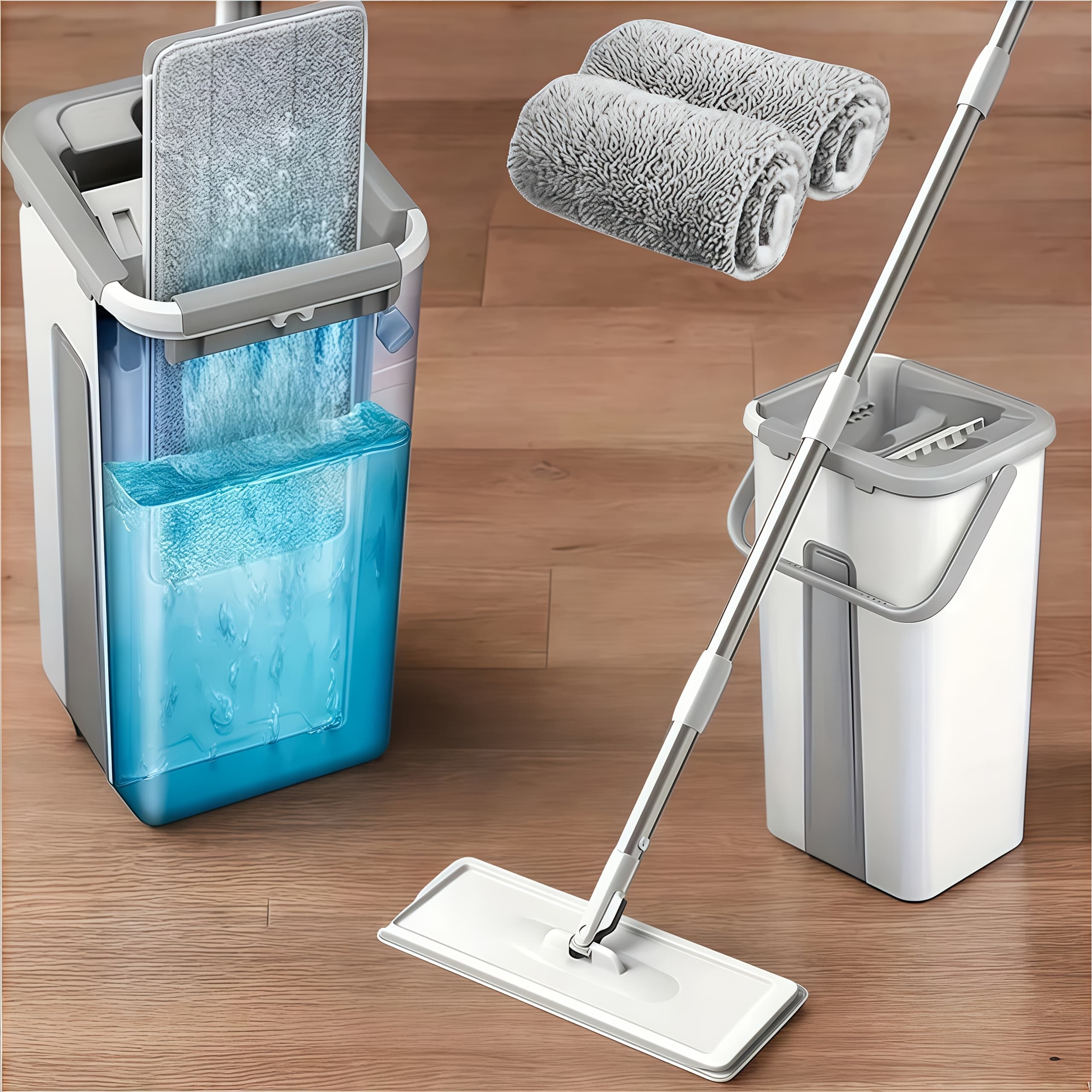 TEMU Hands- Mop And Bucket Set With Long Handle, Wringer, 2 Reusable Microfiber Pads, 360° Flexible Swivel For Floor Cleaning And Wall Cleaning, Mop And Bucket Cleaning Set