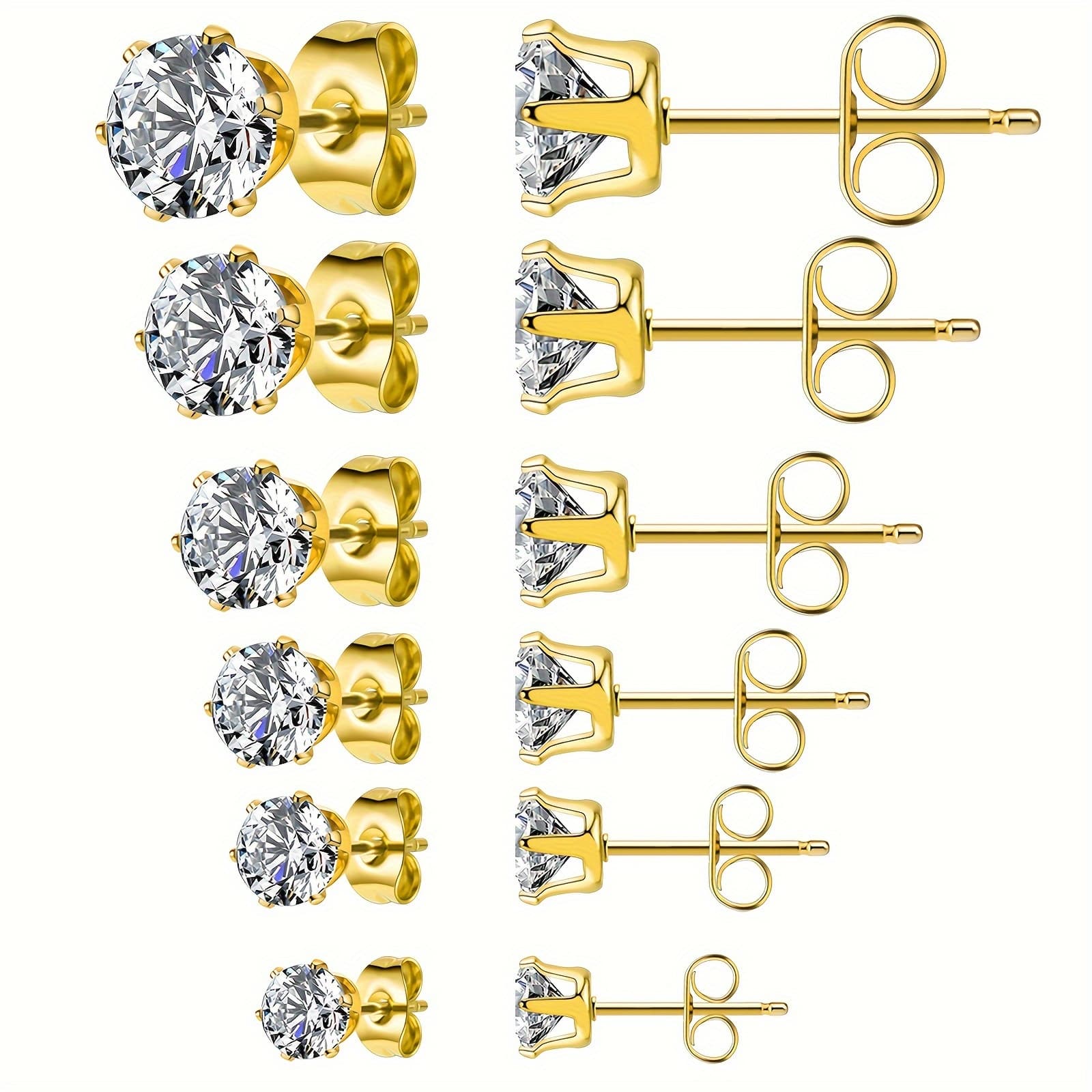 TEMU Men's & Women's Six-prong Synthetic Zirconia Stud Earrings - Closure Small Ear Bone, Durable Claw Setting For Daily Wear, Wedding, Party, (unisex For All )