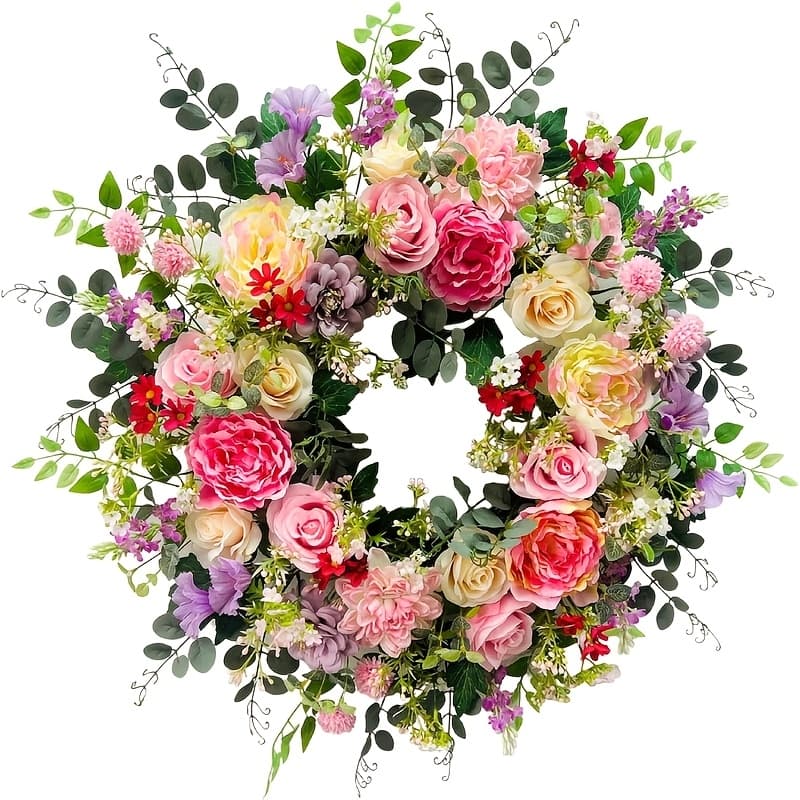 TEMU 24-inch Spring/summer Wreath | Artificial Peony And Rose , Early Spring Vines , Suitable For Outdoor Front Doors, Indoor Wedding Wall And Window Decorations, All , Wall Hanging, Plastic Material