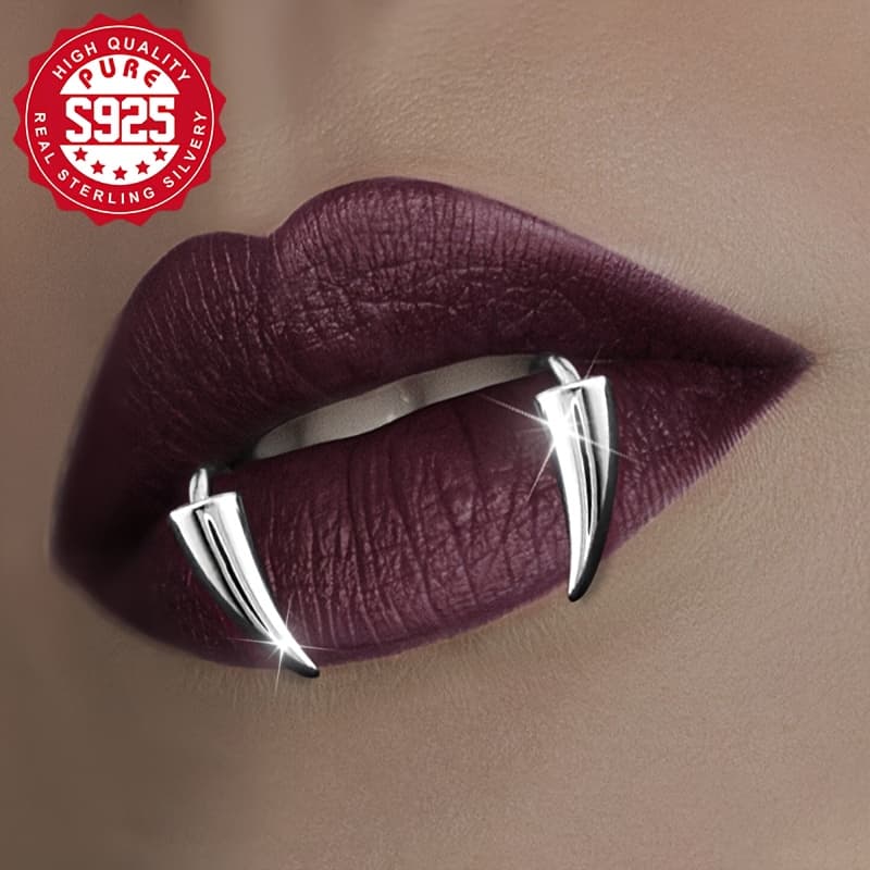 TEMU 1 Pair S925 Sterling Silver Fanged Lip Jewelry, Matte End, Hip Hop Fashion Accessory, Hypoallergenic, Lightweight 1.81g, Ideal For Halloween & Music Festivals, Party & Seasonal Wear