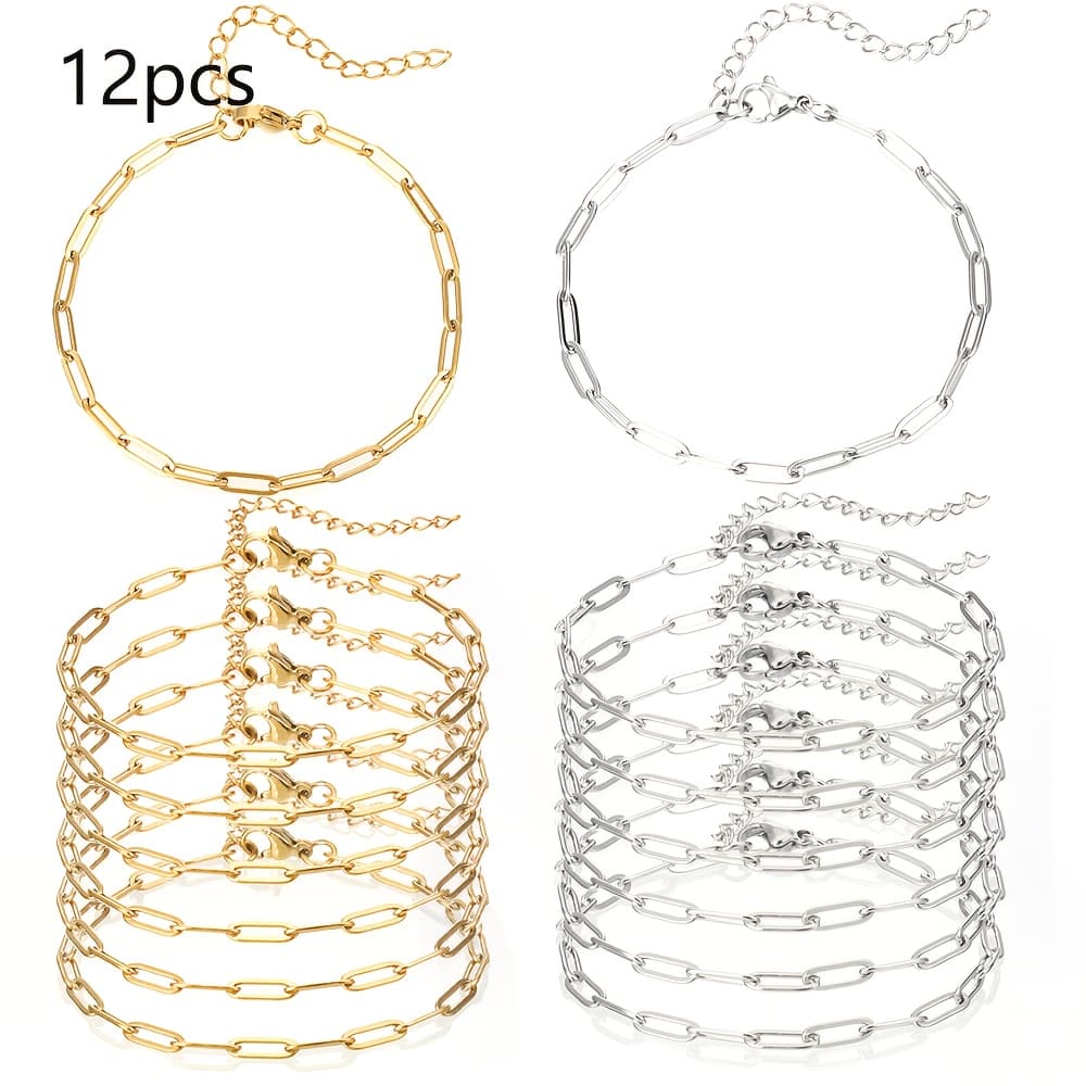 TEMU 12pcs Safety Pin Paperclip Chain Bracelet Set, Stainless Steel Adjustable Charm Bracelet With Lobster Clasps And Extender Chain For Jewelry Making Golden+