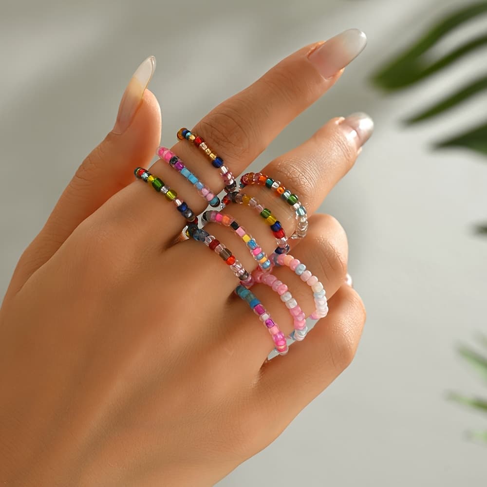 TEMU 10pcs Women's Fashion Stackable Rings, Bohemian Style Multicolor Beaded Ring Set, Glass Material, Perfect For Beach Vacation Wear, Birthday Gift, Rice Bead Rings