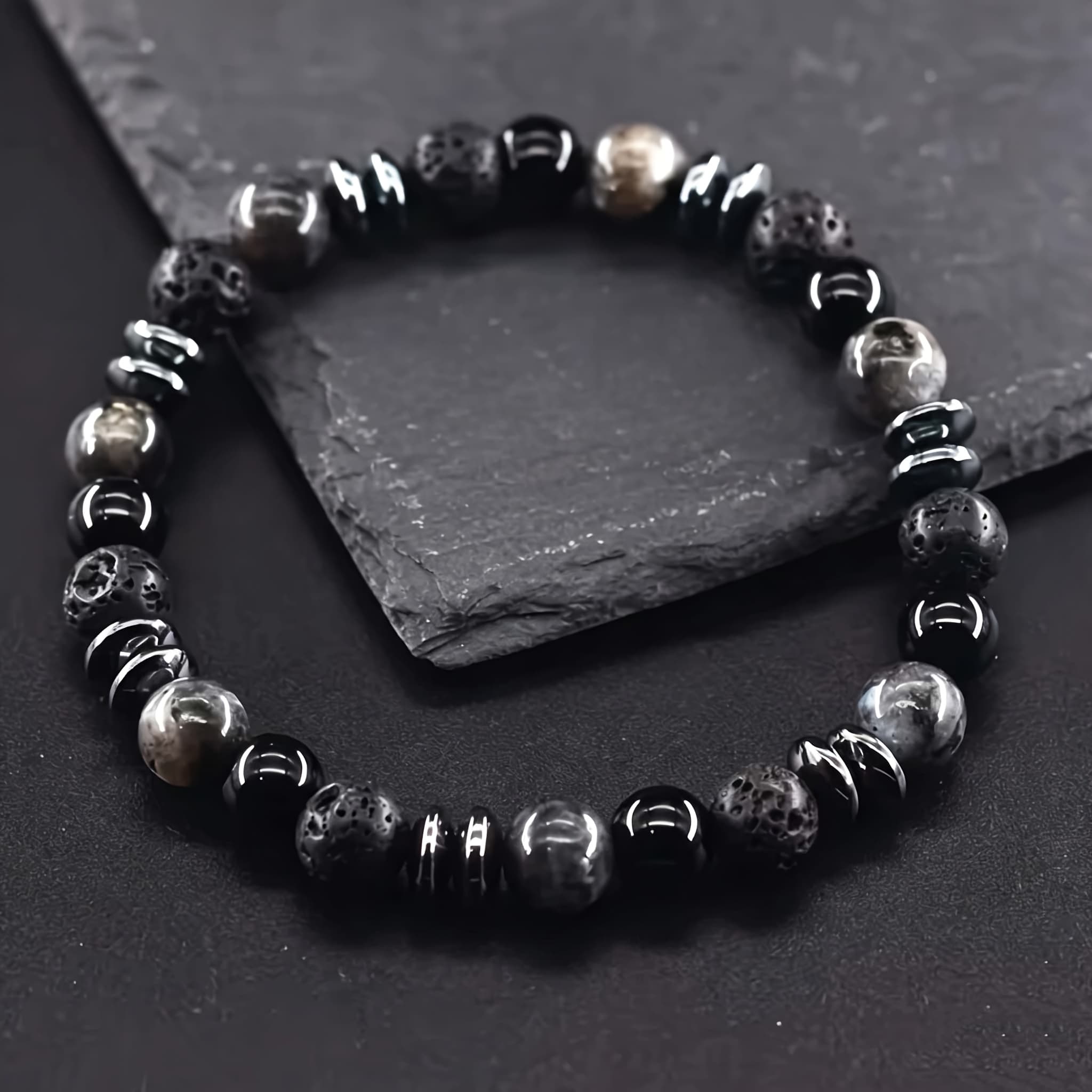 TEMU 1pc Handmade Bohemian Marble Black Gray Stone Bracelet - December Birthstone, Unisex Spiritual Charm Jewelry, Couple Gift, Christmas, Casual Attire, Accessory