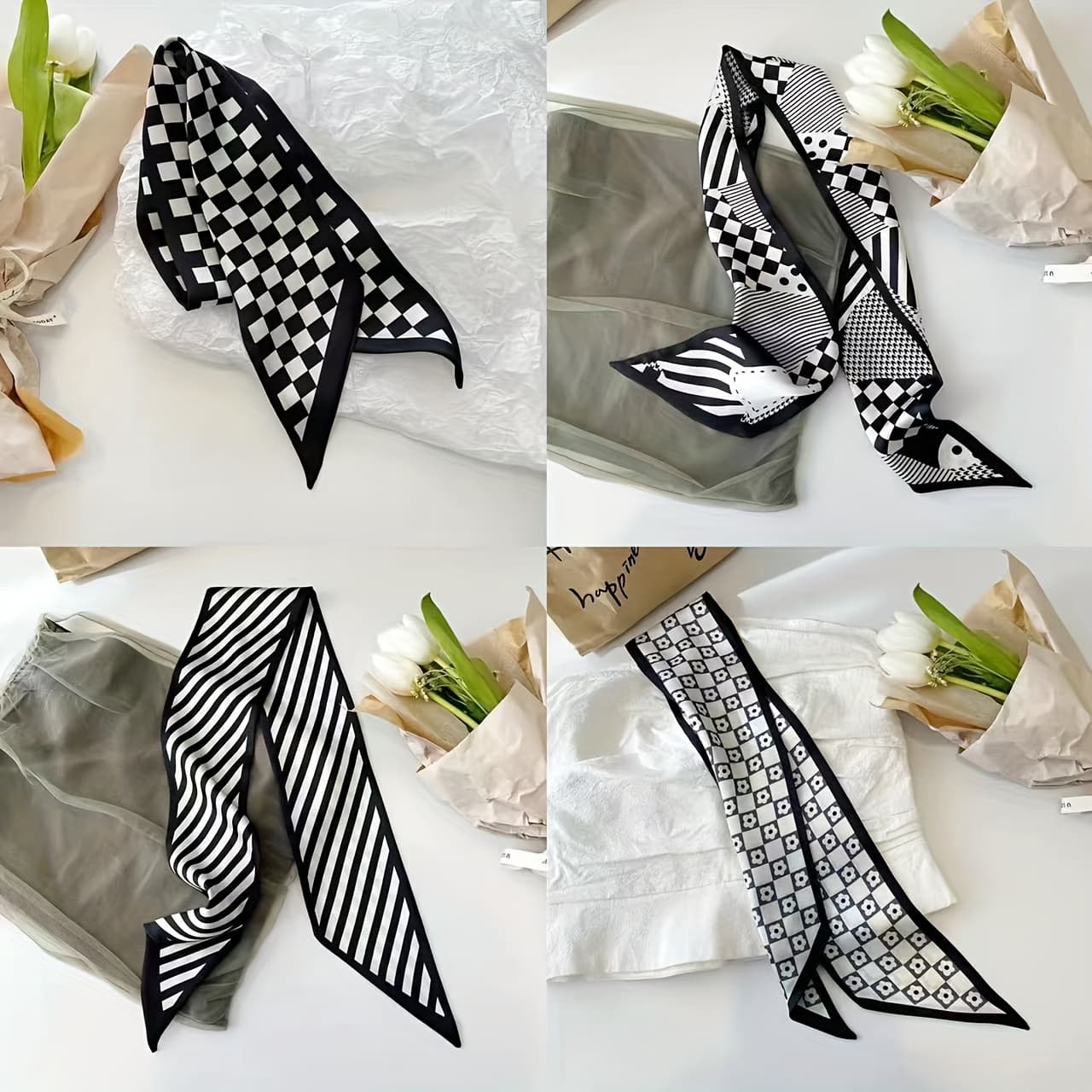 TEMU Women's Headband Black Checkered Striped Design Ponytail Long Ribbon Daily Tying -match Scarf Elegant Neck Scarf