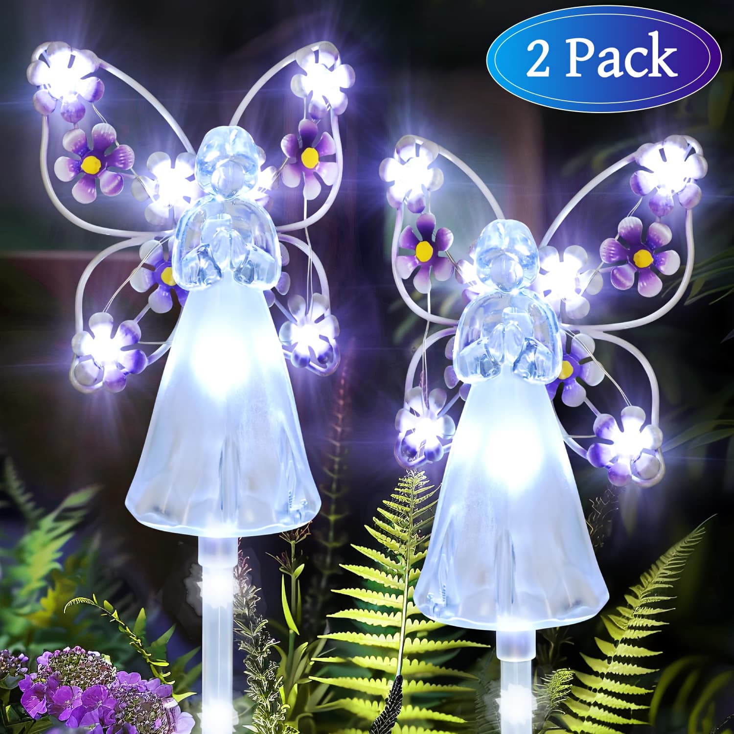 TEMU 2/4pcs , Garden Solar Lights, Solar Angels With 14/28 Led Decorations, Solar Angel Lights, Solar Angel Garden Stake Lights For Lawn Garden Cemetery Decorate, Purple
