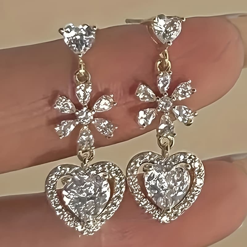 TEMU Of Women's Fashion Dangle Earrings With Exquisite Flower And Synthetic Zirconia Heart Studs, Wedding, Engagement, Banquet, Valentine's Day Anniversary Gift