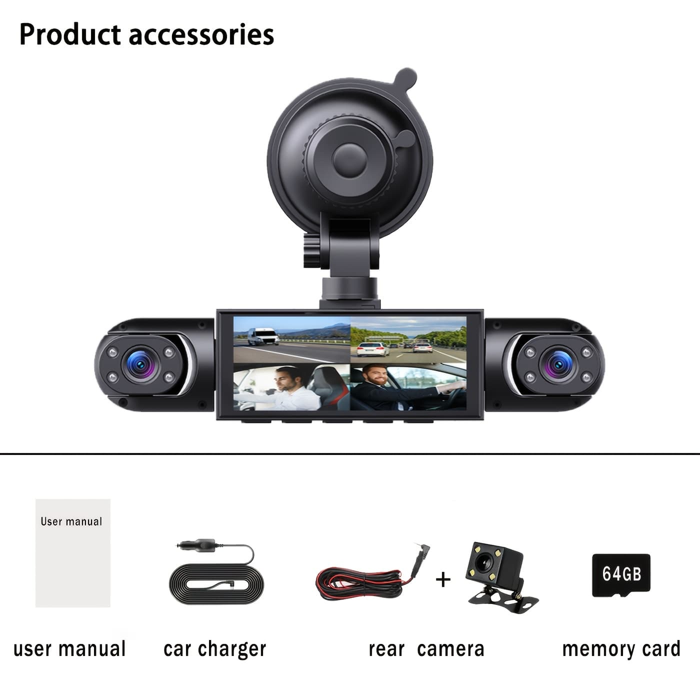 TEMU 360° Dash Camera - 1080p Cameras With Night Vision, Wdr, Optional 64gb Memory Card, 6.1cm Ips Display, Loop Recording, , 24-hour Parking Mode