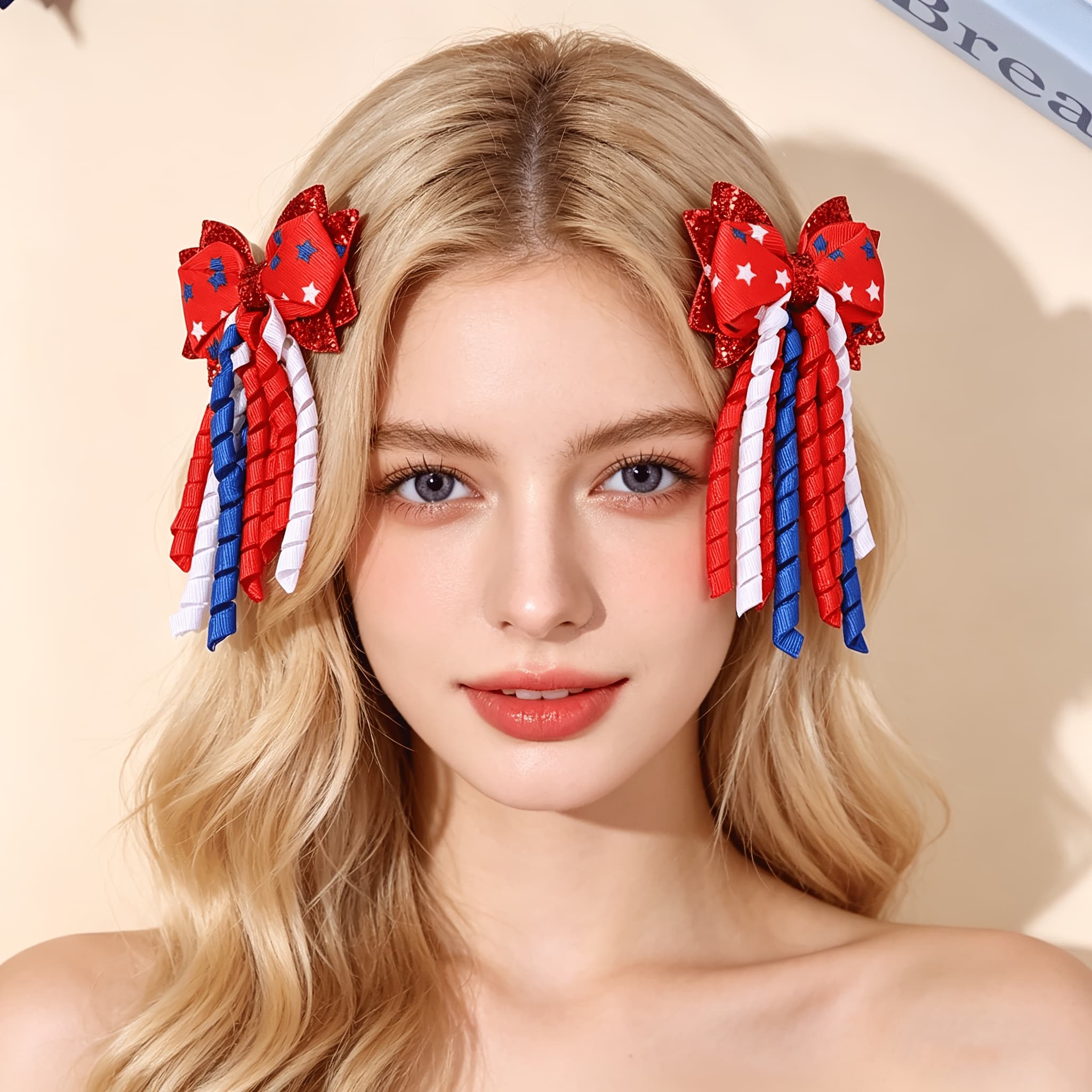 TEMU 2pcs Patriotic Bow Hair Clips For Women Sparkly Glitter Hair Barrettes Glittery Hair Additions For Day & Summer Outfits