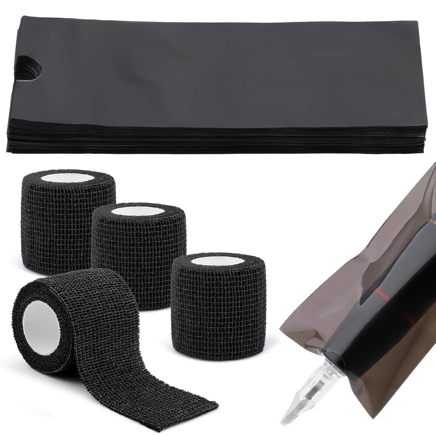 TEMU 200pcs Tattoo Pen Covers Black With 4-pack Wrap Grip Black, Disposable Tattoo Supplies Cover Bag Kit For Machine Pens Protection, For Tattooing Equipment Accessory