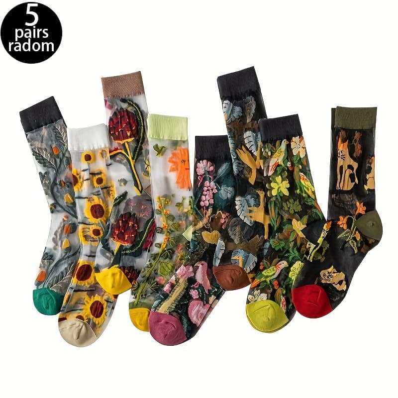 TEMU 5 Pairs Women's Retro Socks - Full-body Print Breathable Mesh, Elastic Ribbed Cuff, Multi- (suitable For Casual & Formal Dress, Cute Fashion Accessories)