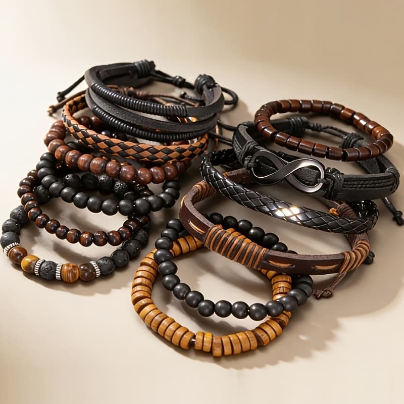 TEMU 12pcs Vintage Minimalist Stackable Beaded Bracelets Men's Coconut Bead Stretch Bracelets Trendy Outdoor Versatile
