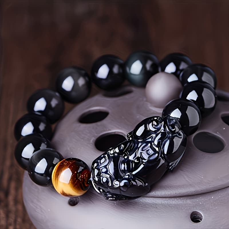 TEMU Obsidian Bracelet For Wealth And Good Luck, Shui Obsidian Bracelet With Pi Xiu And Eye, Suitable For Men And Women