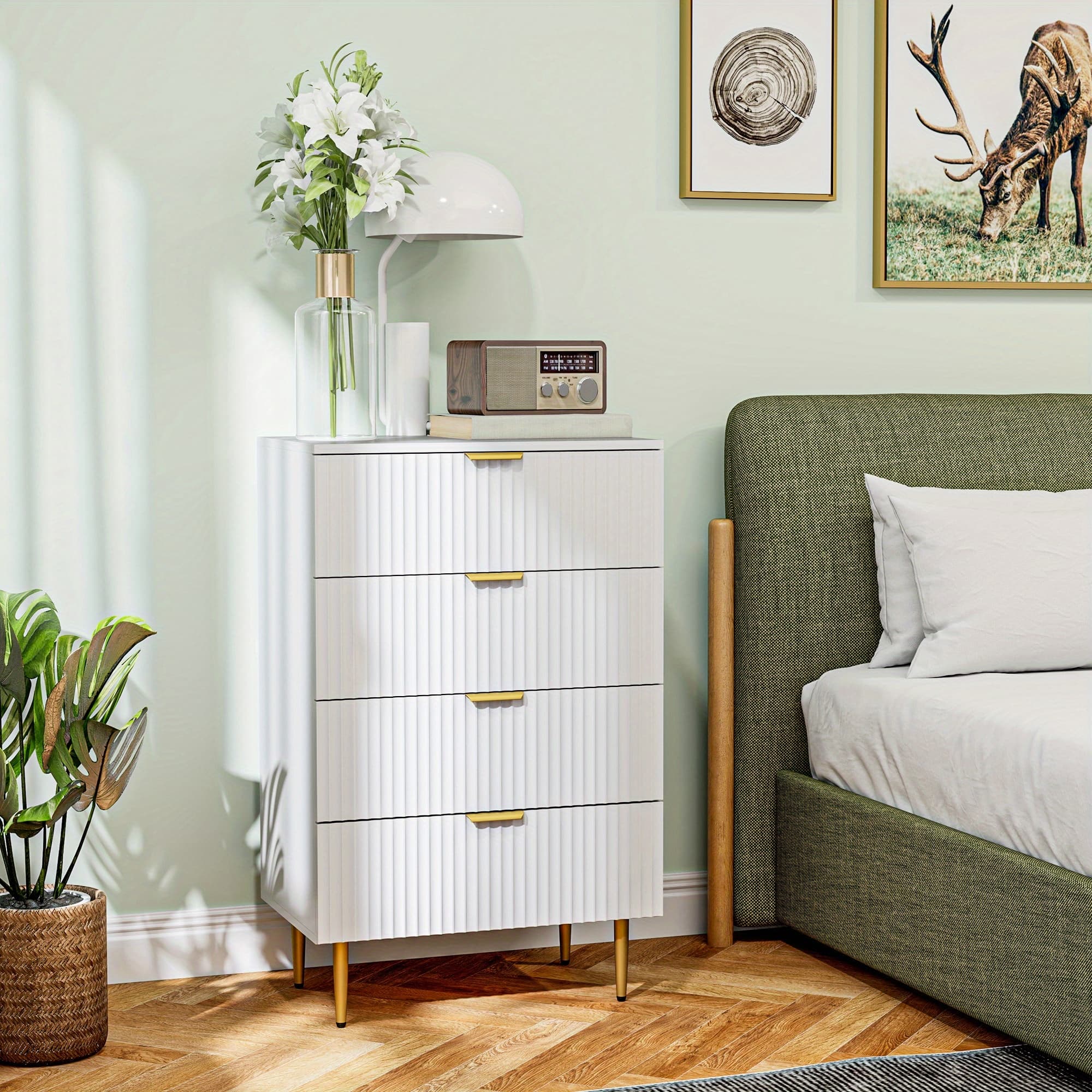 TEMU Modern White 4-drawer Dresser With Golden Handles & Legs - Hardwood Construction, Bedroom Storage Chest For And Inviting Space, Dresser For Bedroom