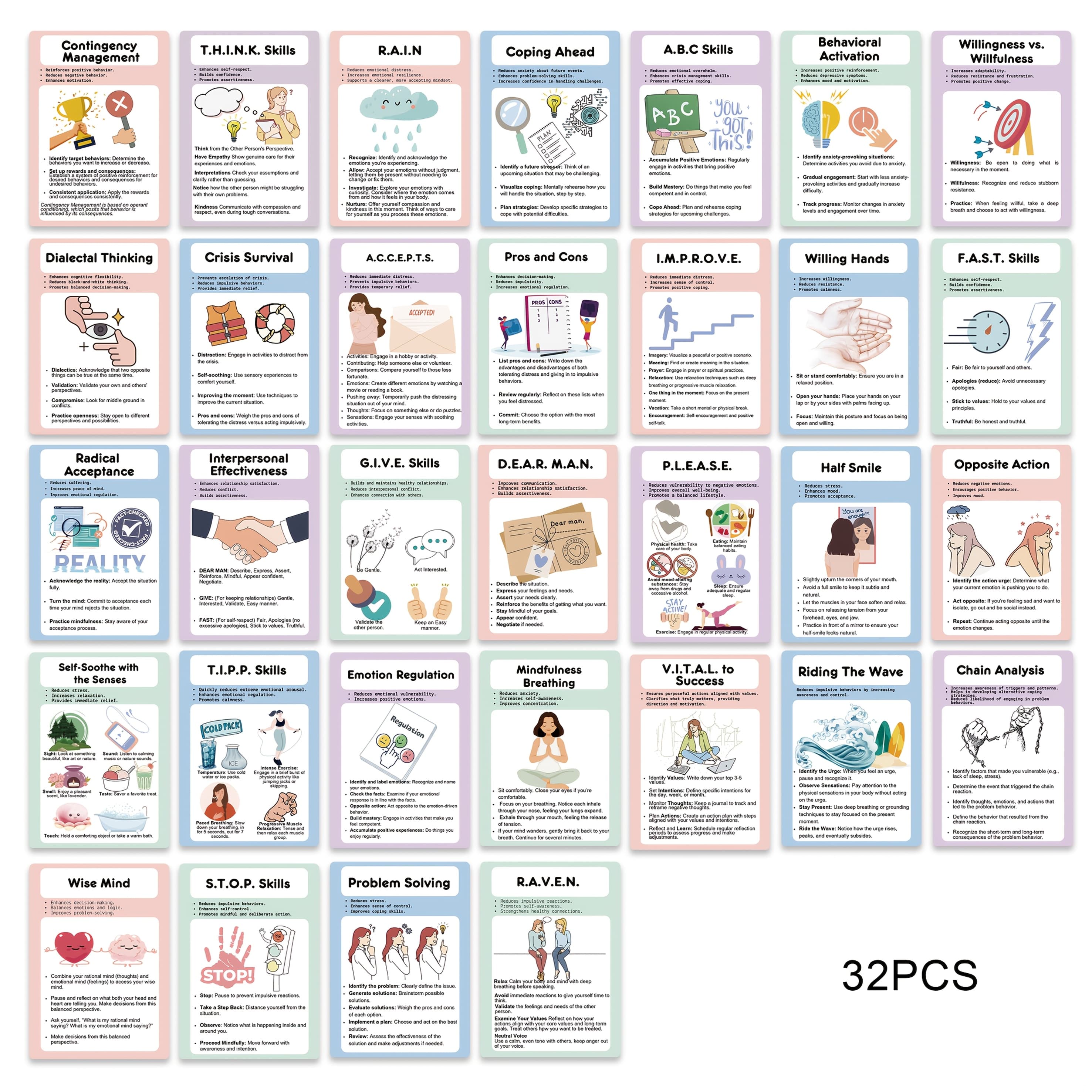 TEMU 3.94 X 5.5 Inch Dbt Skills Cards For Kids, Emotional Development, Coping Skills, Mindfulness Flashcards, Anxiety & Relax, Preschool Learning Tools, 32pcs