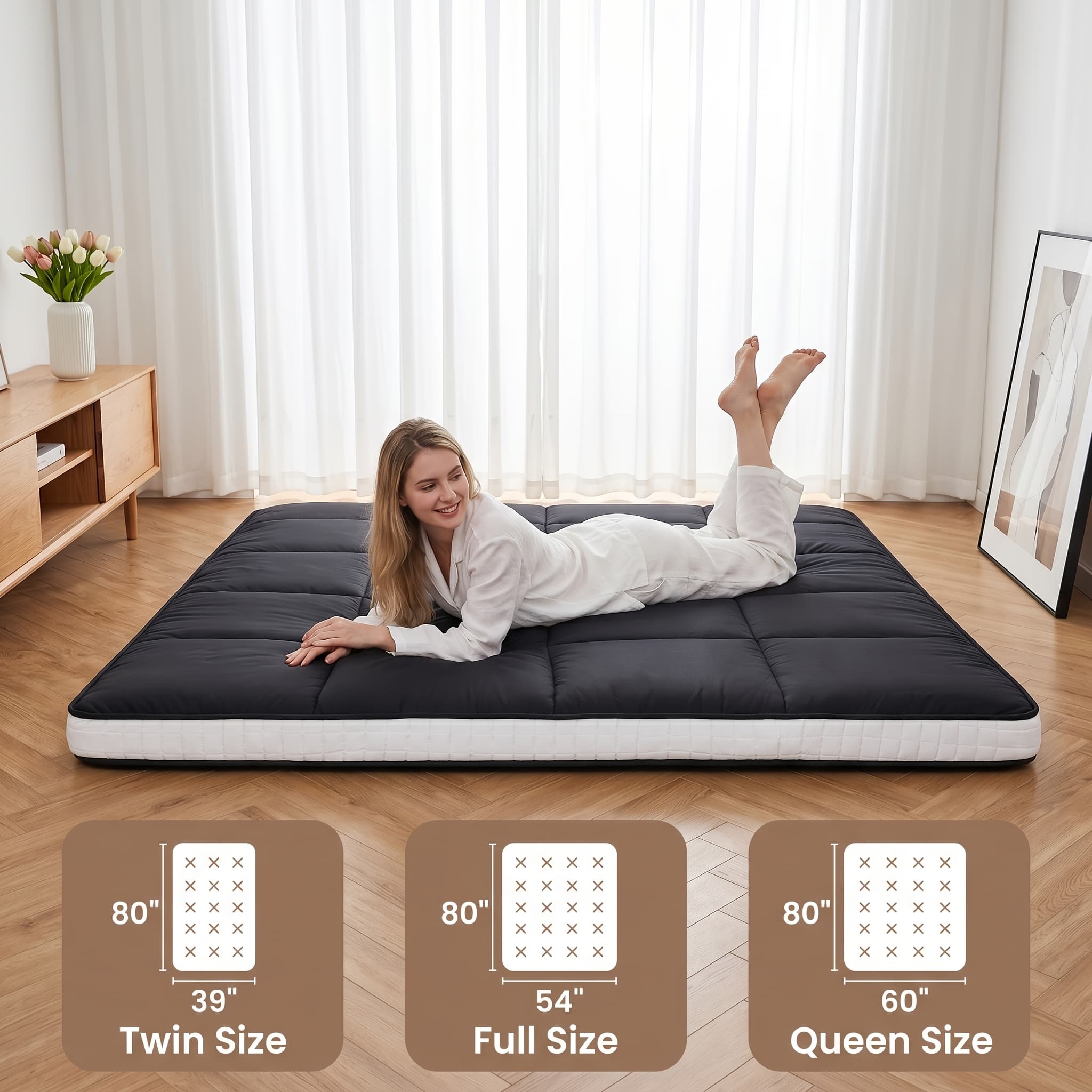 TEMU Lilypelle Japanese Futon Mattress, Folding Sleeping Pad Futon, Portable Camping Mattress With Storage Bag, Black