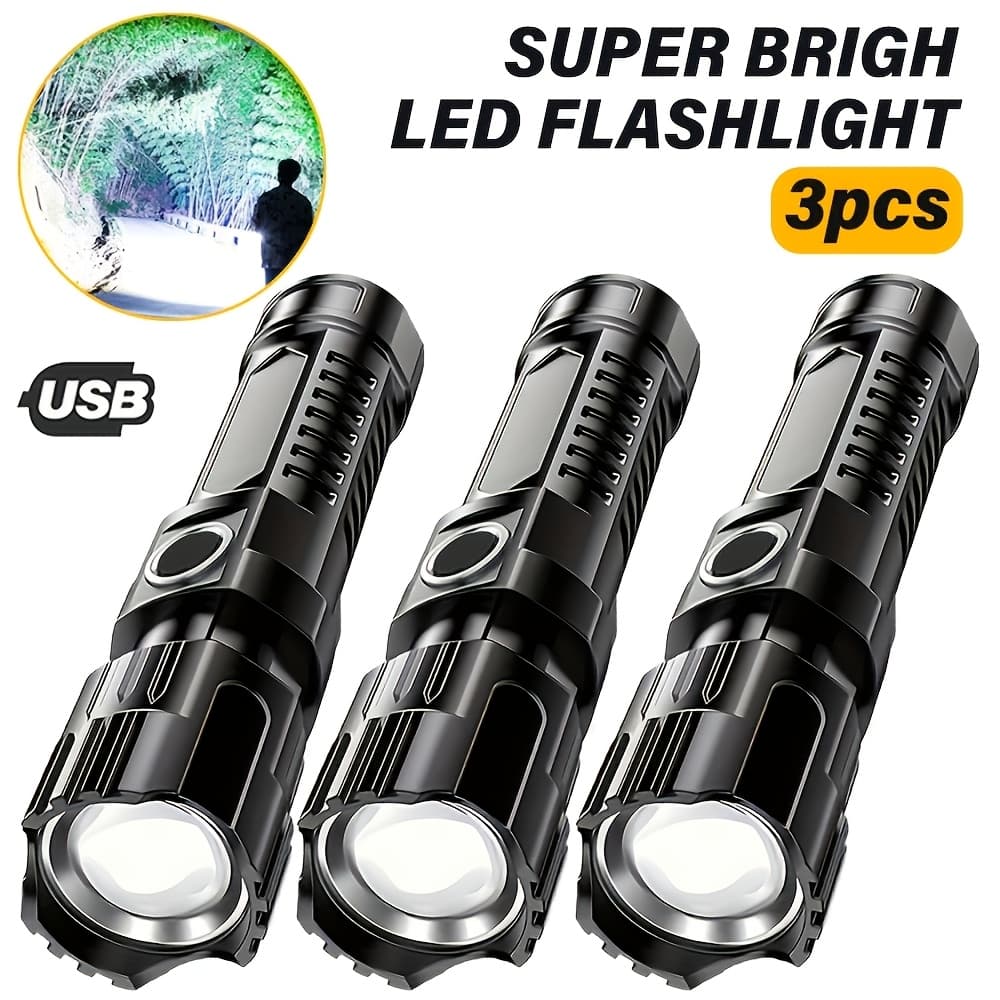 TEMU 3pcs Commercial Emergency Handheld Torch Set Ip44 Rechargeable Led Torch With Retractable Zoom And Power Indicator Portable Torch For Outdoor, Camping, Work And Power Outage Emergency Lighting