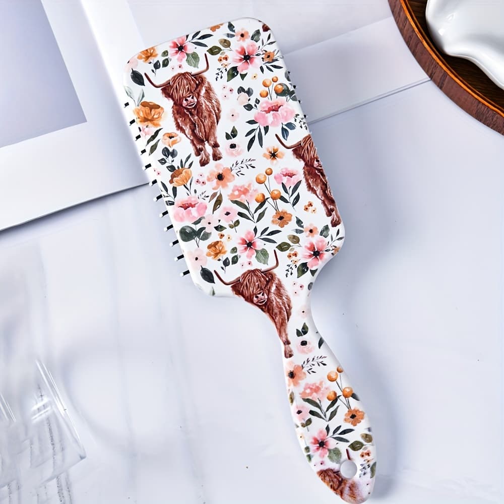 TEMU Floral And Pattern Anti-static Large Paddle Hair Brush, Plastic Bristle, Scalp Massage Comb For All Hair Types, Durable Abs Handle