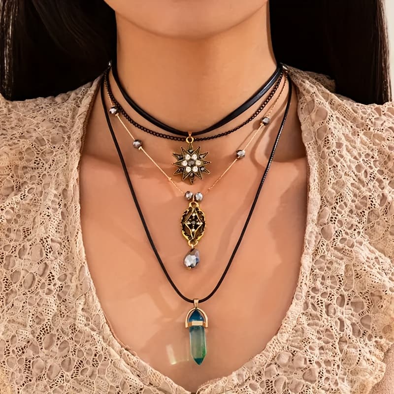 TEMU Women' Bohemian Necklace - Vintage & Irregular Star/droplet Pendant, Layered Collarbone Chain Suitable For Daily Wear, Party, Gift For Women