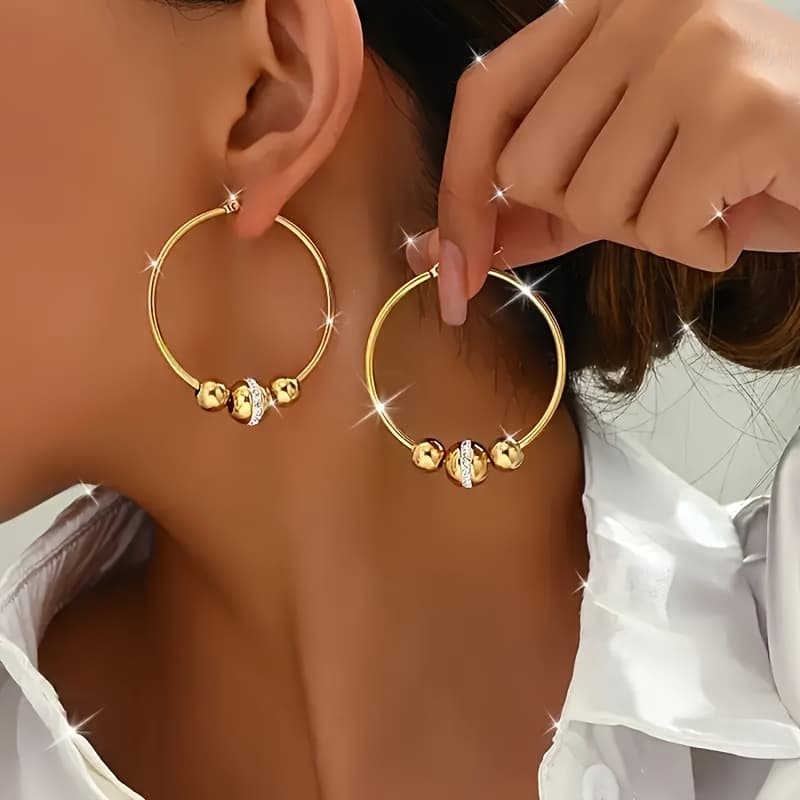 TEMU 1pc Vintage Hoop Earrings Featuring A Round Bead Design With Sparkling Rhinestones, Wear, Gifting, Or Vacations