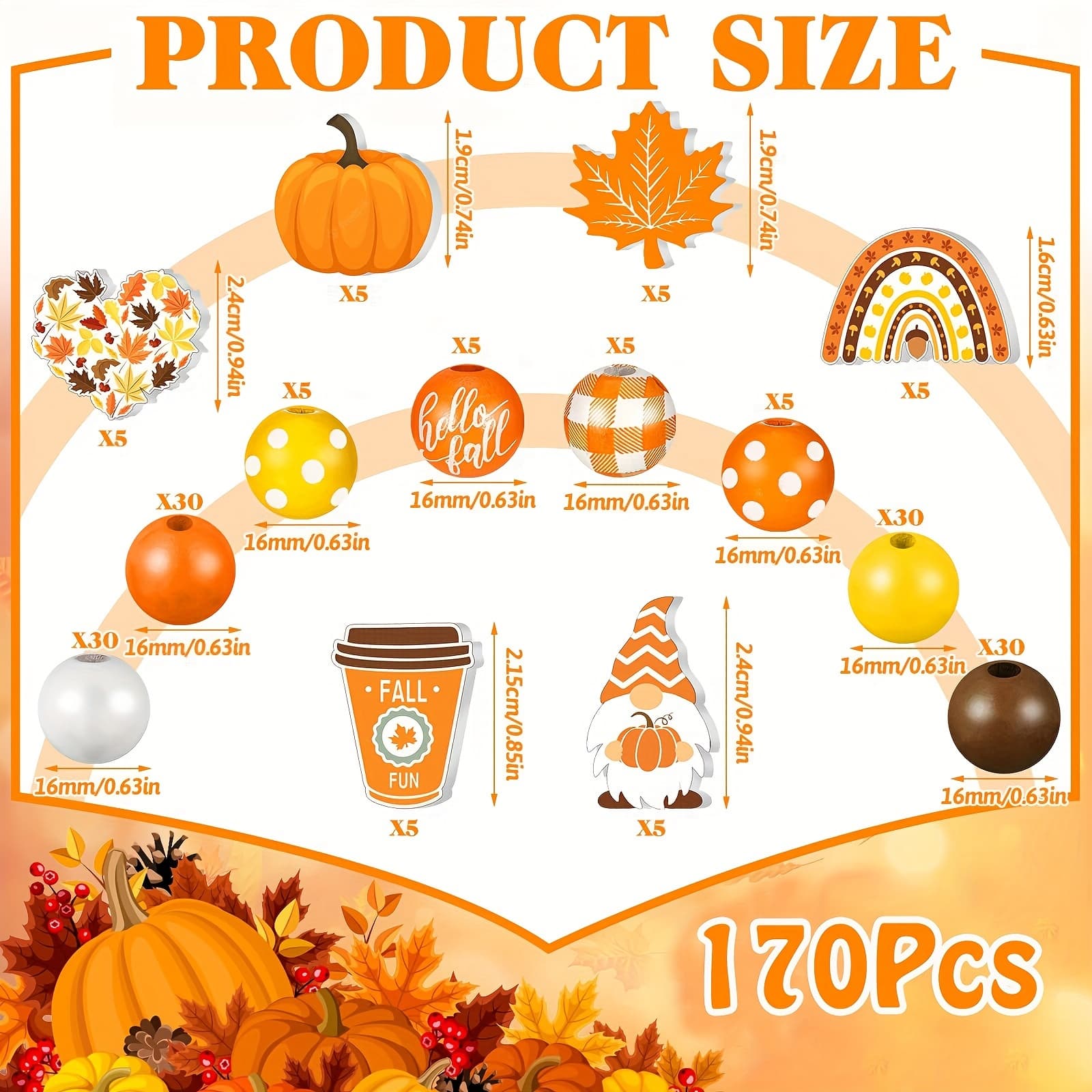 TEMU Efrey 170 Pieces Fall Wooden Beads Thanksgiving Beads Pumpkin Maple Leaf Beads Colorful Round Loose Spacer Beads For Necklace Bracelet Jewelry Making Diy Decoration