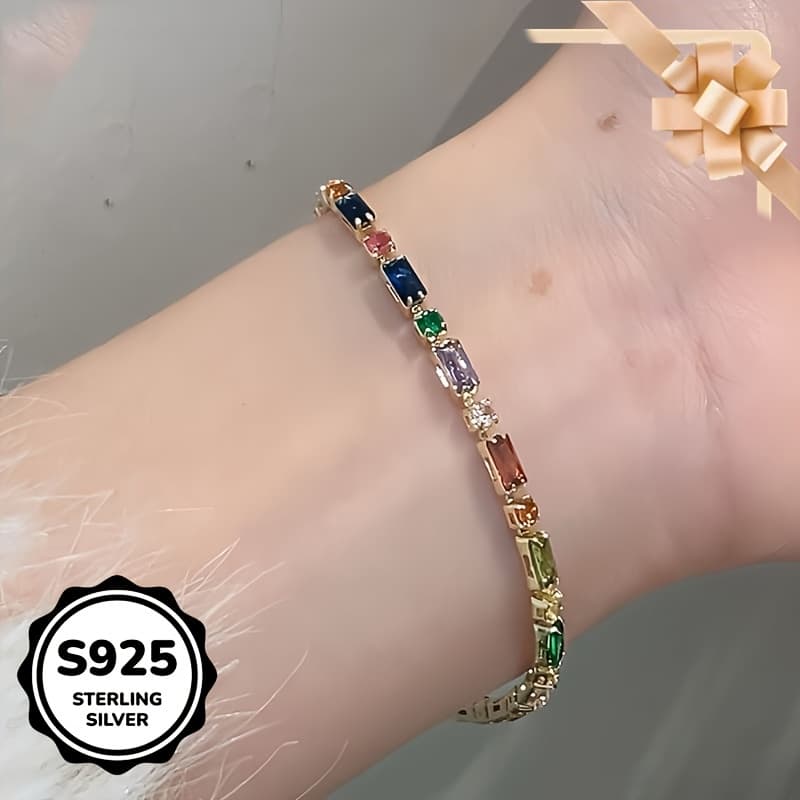 TEMU 1pc Colored Synthetic Zirconia Bracelet Made Of 925 Silver, Featuring A Design For Women, Serving As A Stylish And Wrist Ornament