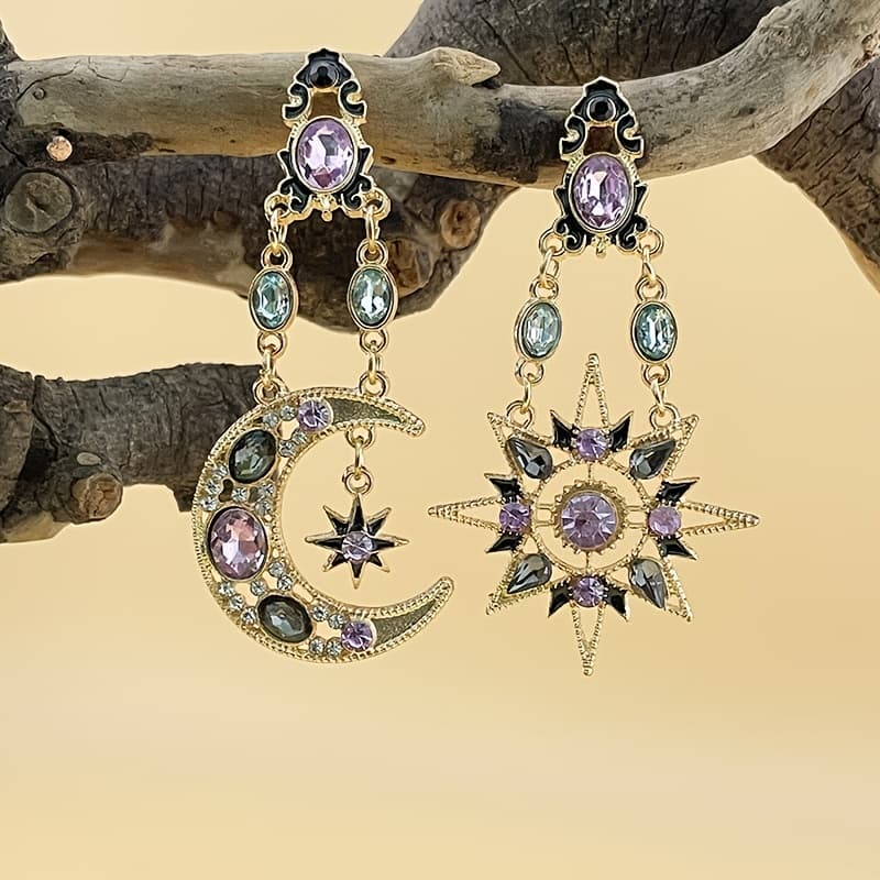 TEMU Asymmetrical Sun And Moon Long Stainless Steel Earrings, Suitable For Daily And Party Occasions