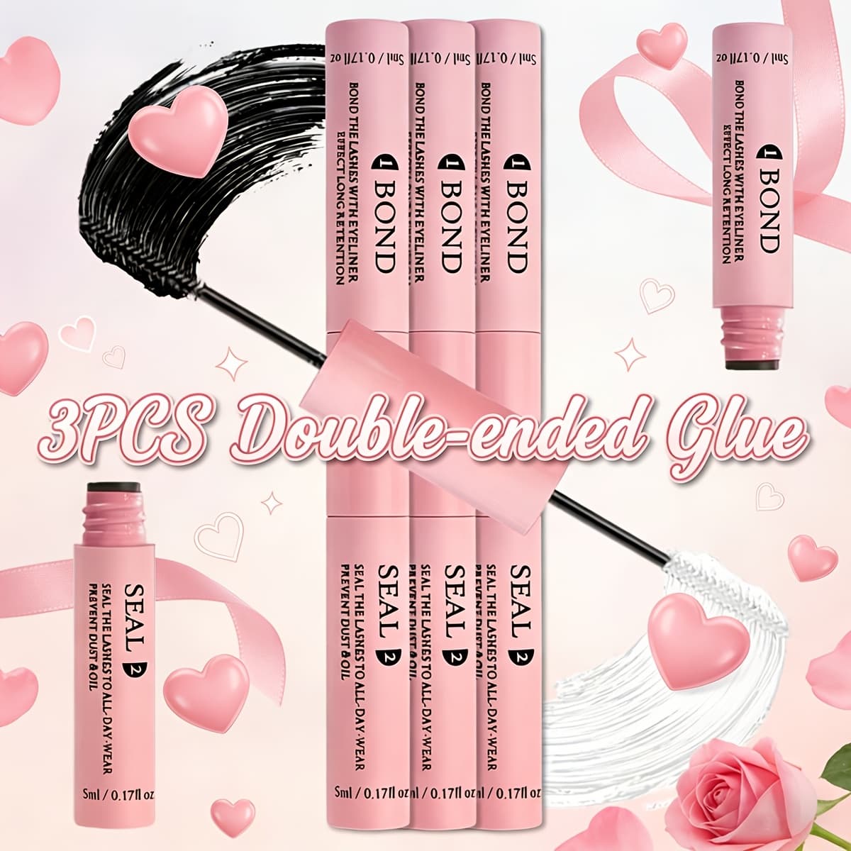 TEMU 3pcs Double-ended Lash Adhesive & Sealant/ 1pc Lash Glue + Tweezers + Remover + Brush, Gentle Non-irritating Formula, Instant , Waterproof Dustproof Long-lasting Hold For All