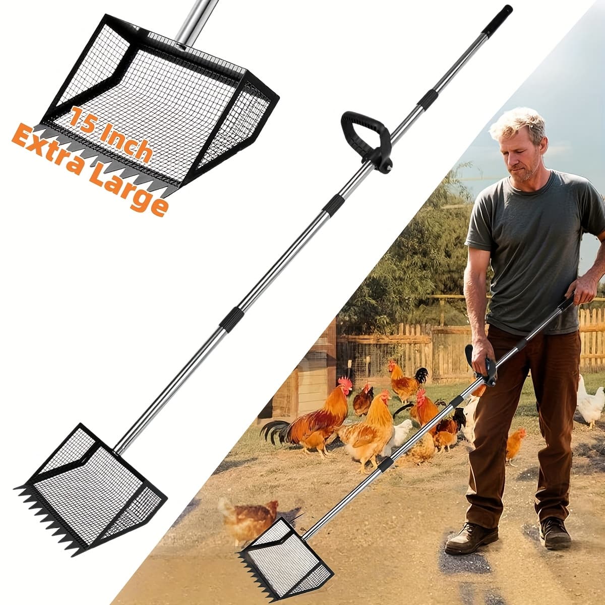 TEMU 15-inch Large Scooper, 2in 1 Large Metal Chicken Coop Scoop , 62-inch Long Handle Chicken Scoop Rake For Chicken Coop, Litter Scooper Chicken Coop