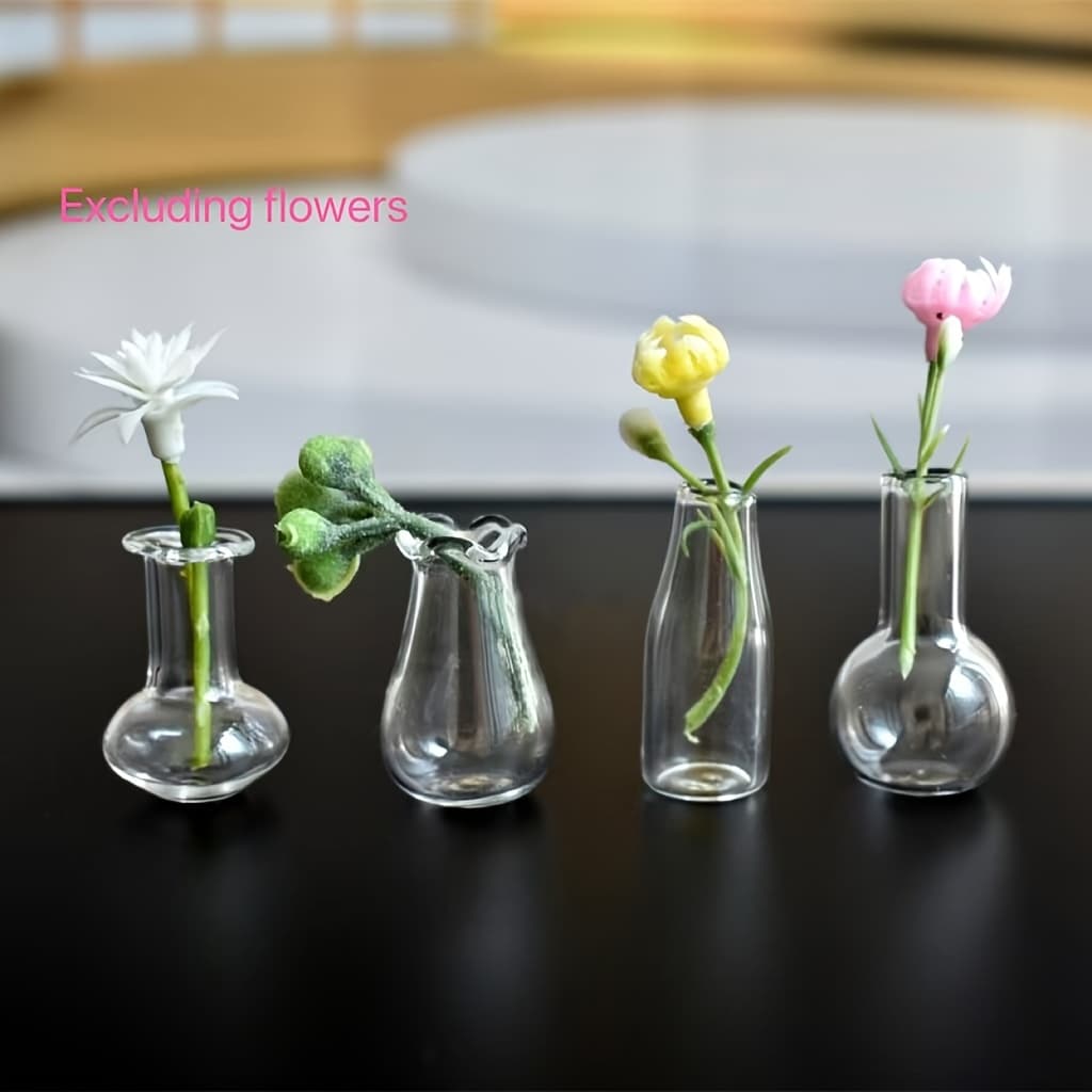 TEMU Transparent Mini Glass Vase Set Of 4 - Suitable For Doll Houses - Retro Style Home Decor - Scene Photography Props - Flower Pots And Incense Bottles Excluding Flowers