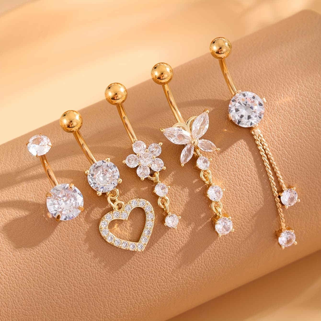 TEMU A Set Of 5 Sexy Stainless Steel Navel Rings With And Heart-shaped Pendants, Inlaid With Synthetic Zirconia Stones, Wear Belly Piercing Jewelry For Women