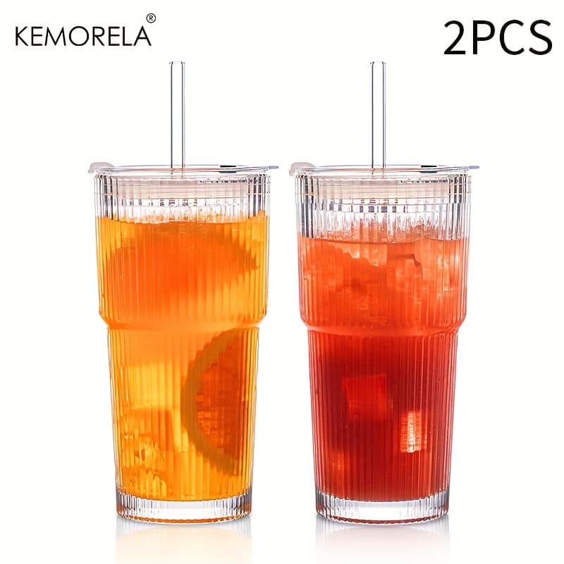 TEMU Kemorela 1/2pcs Ins Large Capacity Vertical Striped Glass Cup With Lid And Without Lid, Cold Drink Cup, Juice Coffee Cup, Water Cup