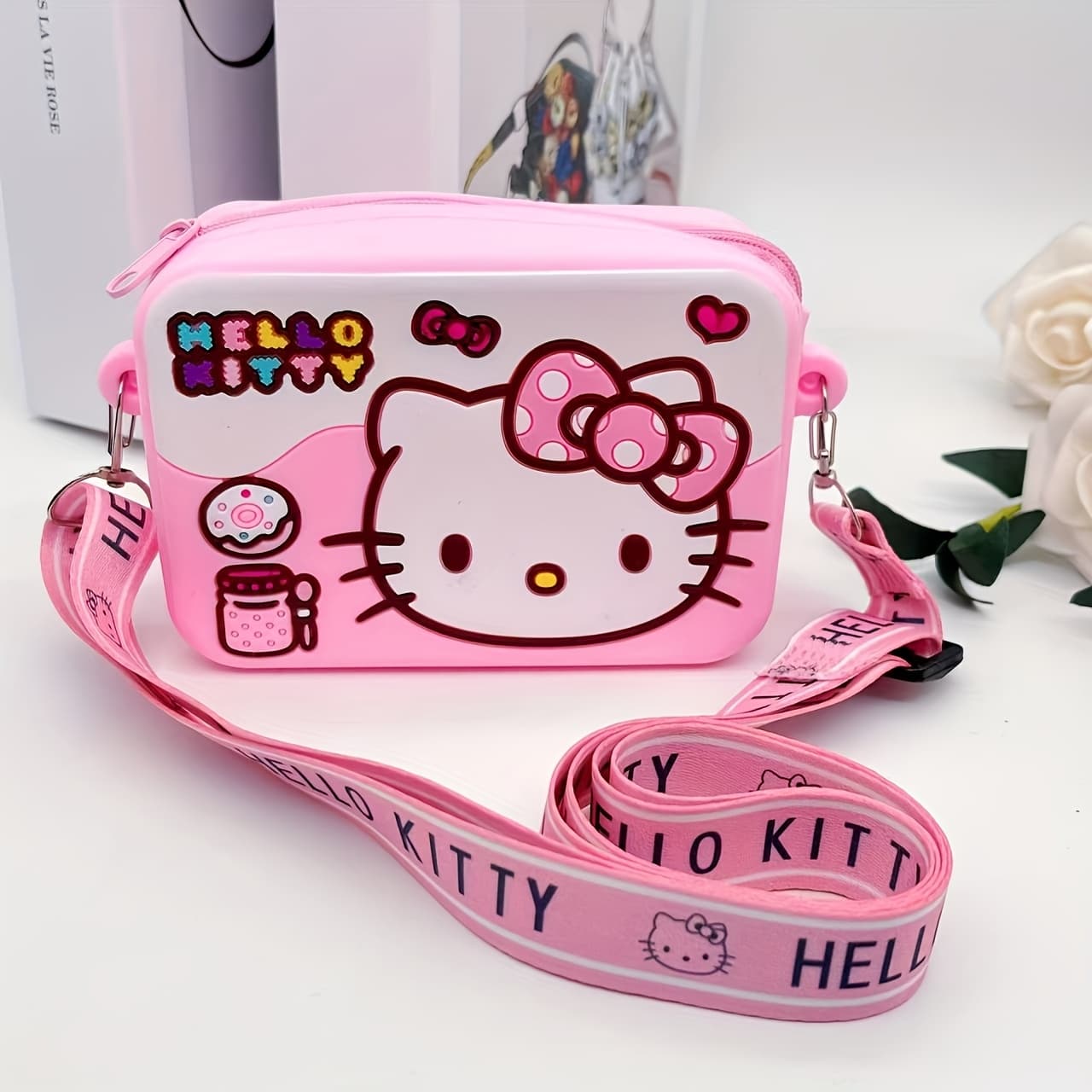 TEMU For Hello Kitty Crossbody Bag - A Soft Silicone Pink Wallet Featuring For Hello Face And Iconic Bow, With An Adjustable Shoulder Strap, Zip Closure, Lightweight And Durable For Everyday Use