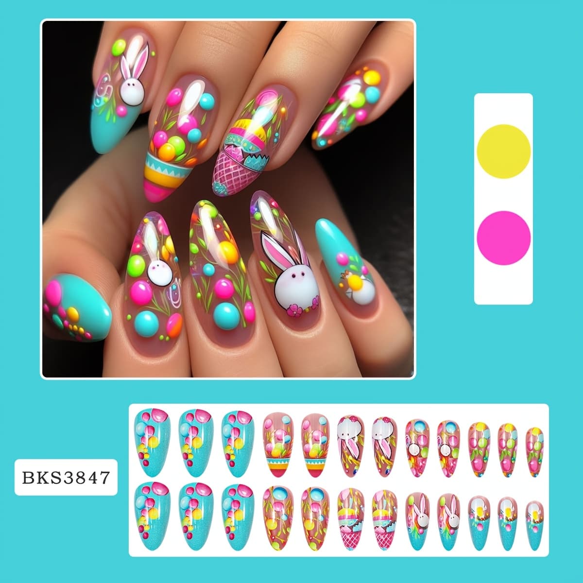 TEMU 24pcs Easter Almond Fake Nails Bunny Press On Nails With Colorful Egg & Ball Decor