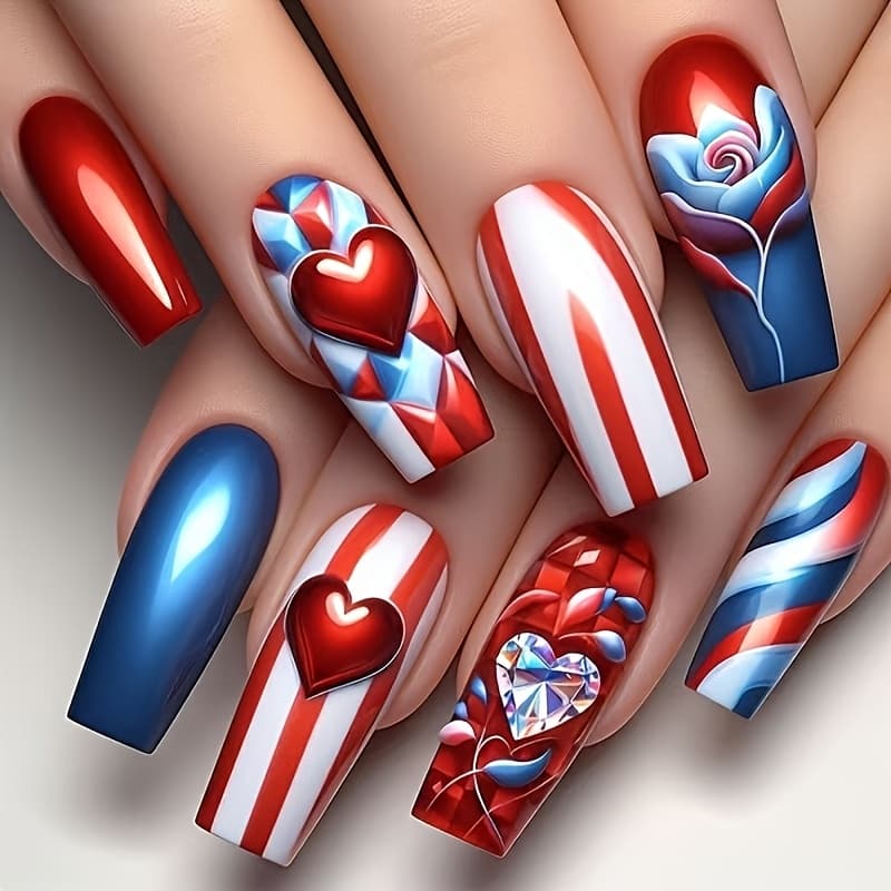 TEMU 24pcs Press-on Nails In Red, White, Blue, And Other Colors, Featuring Heart And Floral Patterns. Glossy Medium-length Water Pipe Nails, Suitable For Press-on Decorative