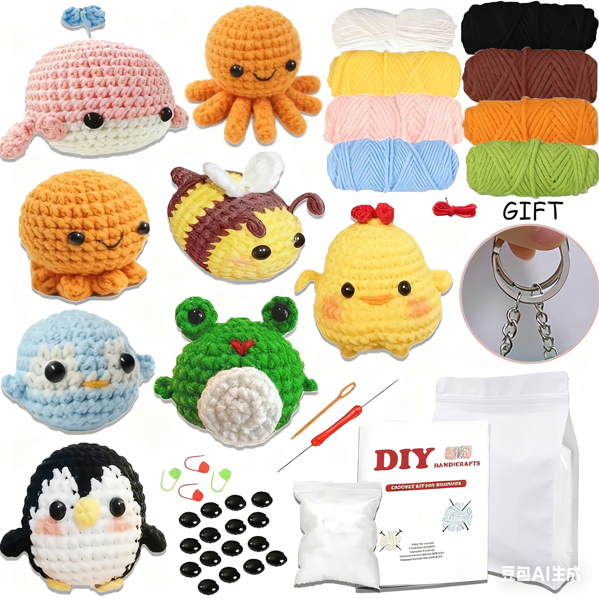 TEMU 7pcs Crochet Animal Kit Kit For Beginners Christmas Gifts For Learn To Crochet With Crochet Hooks, Yarn, Instructions Video, Crochet Set For Beginners