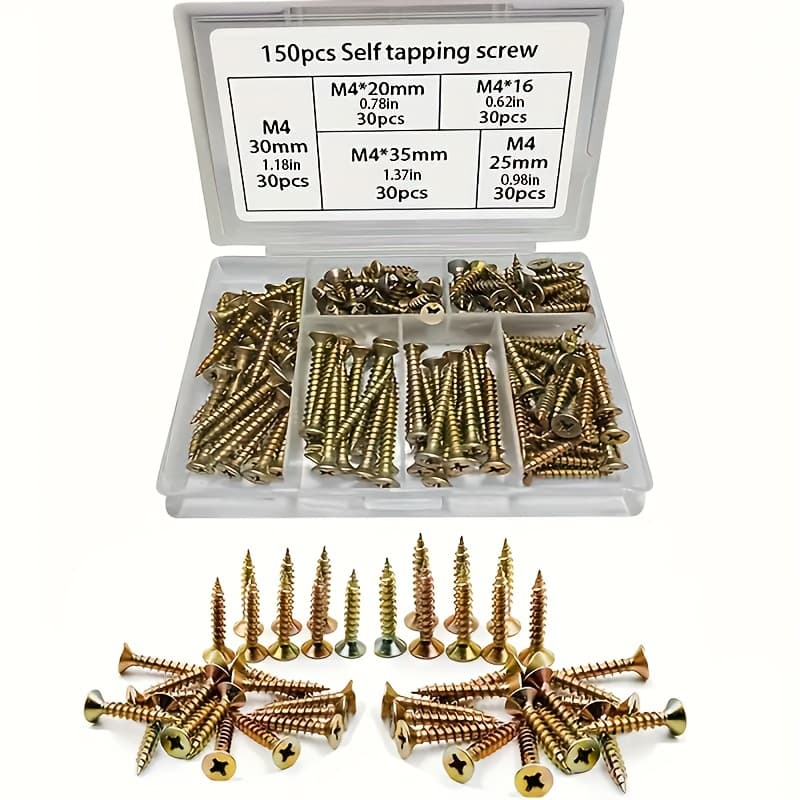 TEMU 150 Wood Screws With Color Plating, M4 Length 16/20/25/30/35mm Self-tapping Wood Screws, Metal Plate Wood Screws And Screw Combination Kit