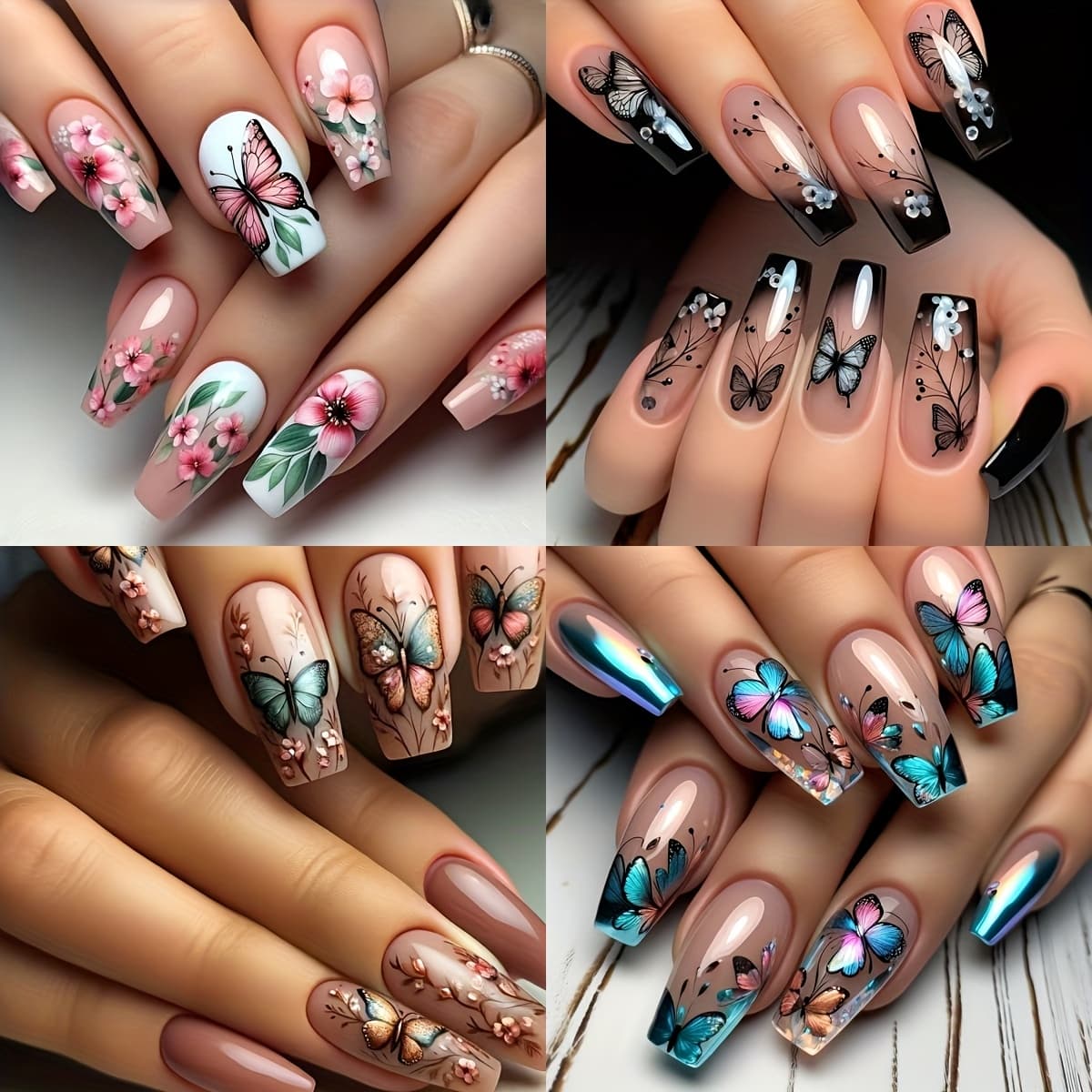 TEMU 96pcs Medium Length Press-on Nails, Floral Faux Nails, With Jelly Glue And Nail File, Suitable For Women' Party Holiday Use