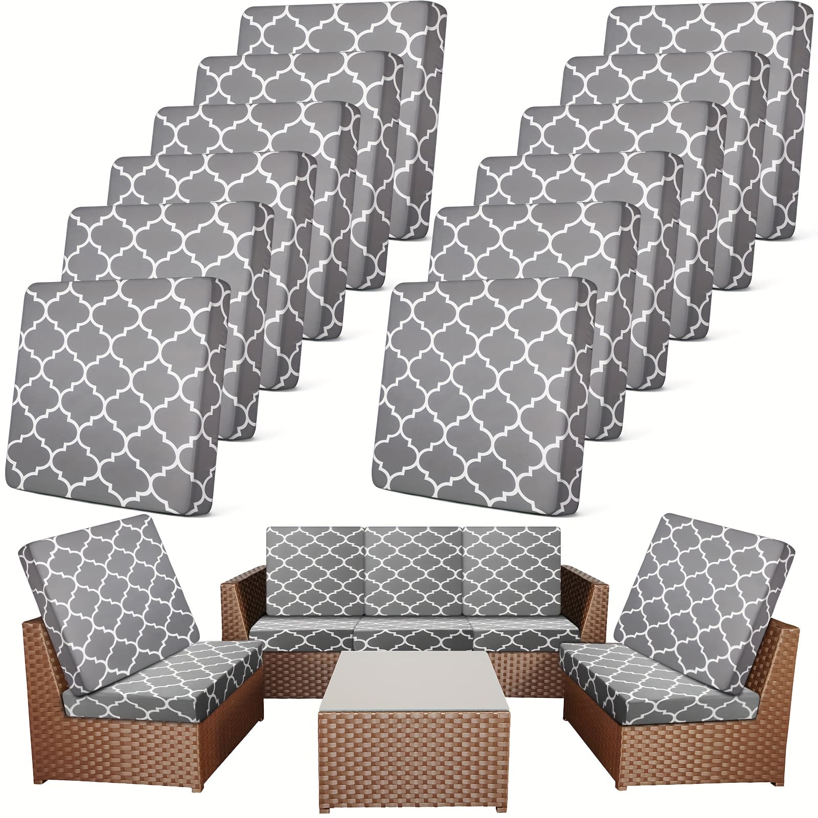 TEMU 12pcs Patio Stretch Sofa Cushion Covers Outdoor Cushion Cover Replacement Couch Slipcover Sofa Seat Cover Flexibility Chair Cushion Cover Porch Patio Furniture Protector (gray, Moroccan)